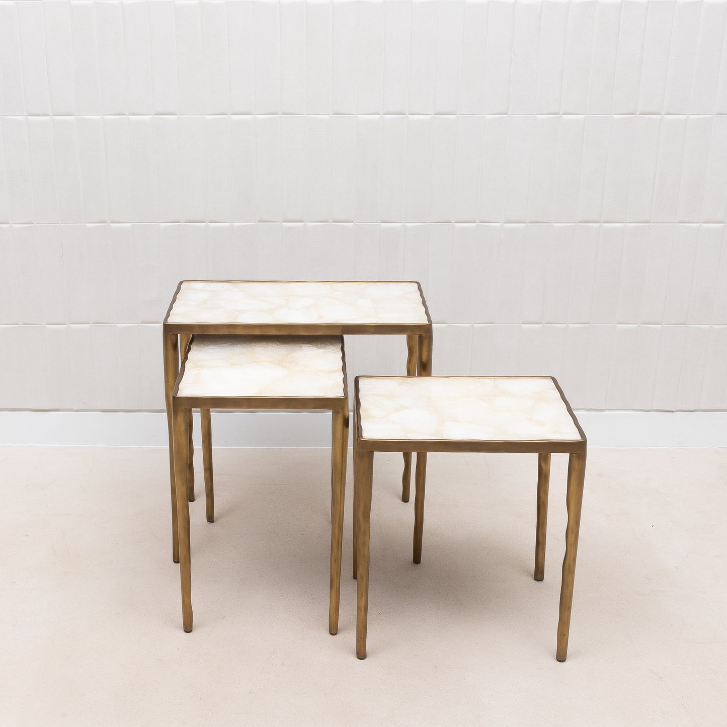 Set of 3 Nesting Tables in White Quartz and Bronze Patina Brass by R&Y Augousti