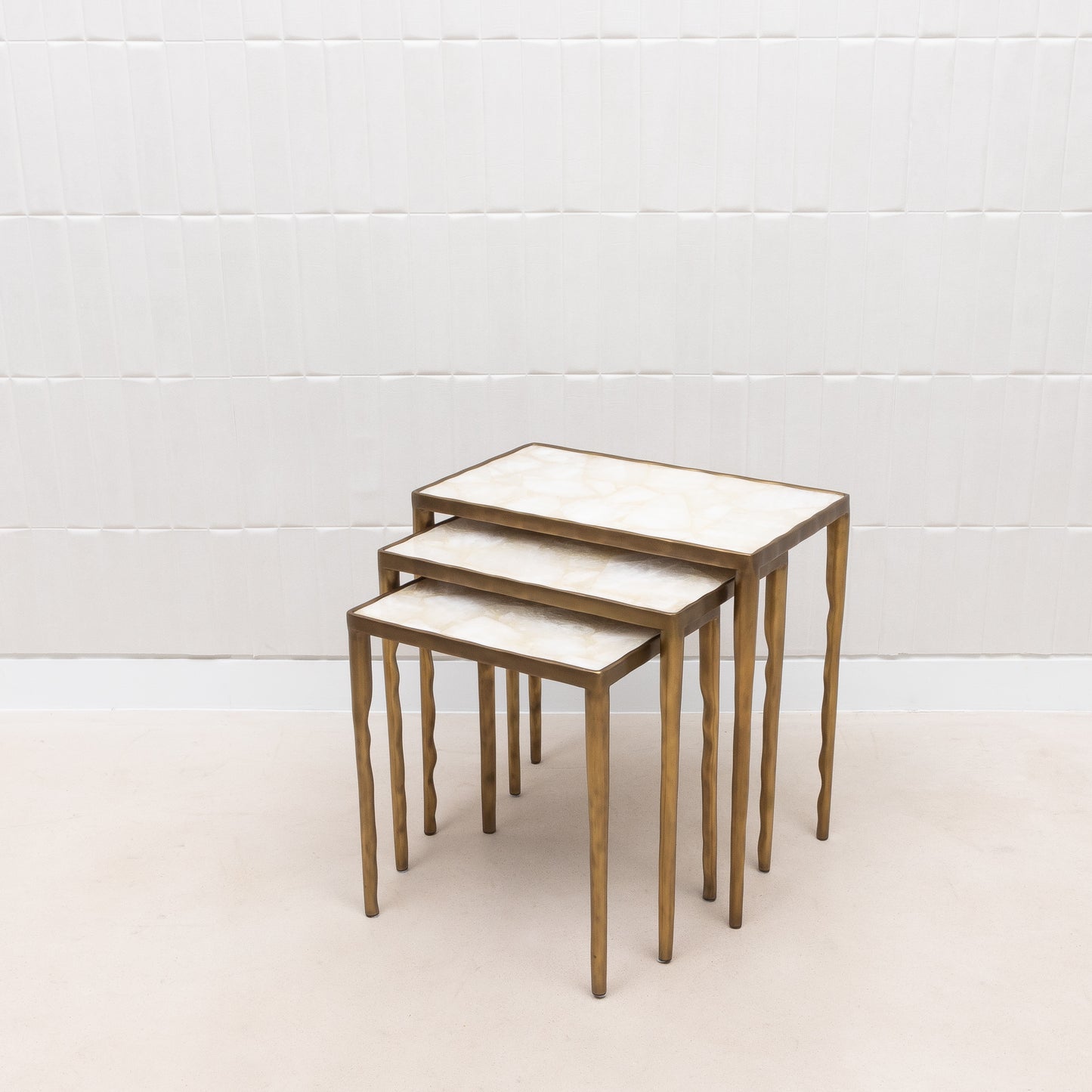Set of 3 Nesting Tables in White Quartz and Bronze Patina Brass by R&Y Augousti