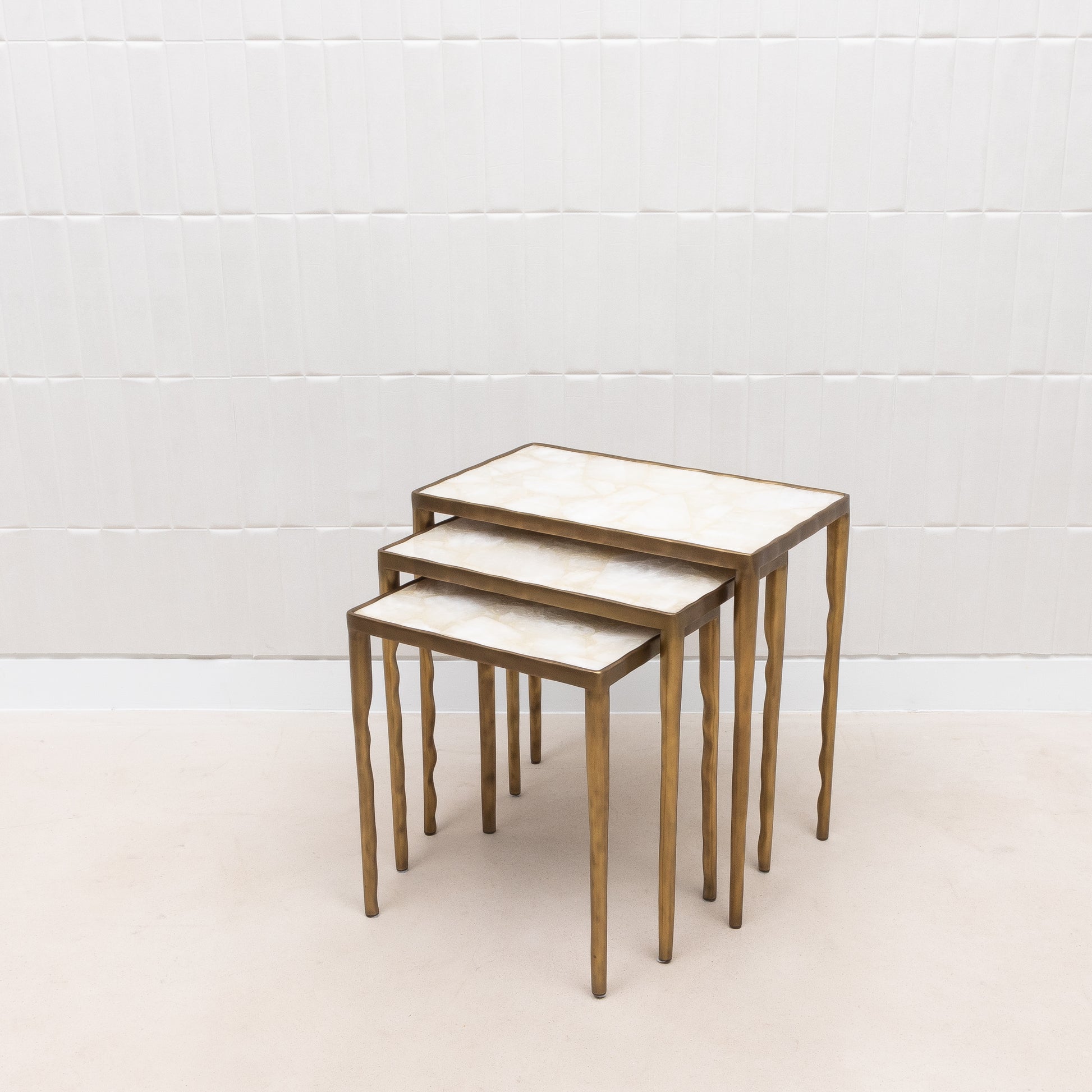 Set of 3 Nesting Tables in White Quartz and Bronze Patina Brass by R&Y Augousti