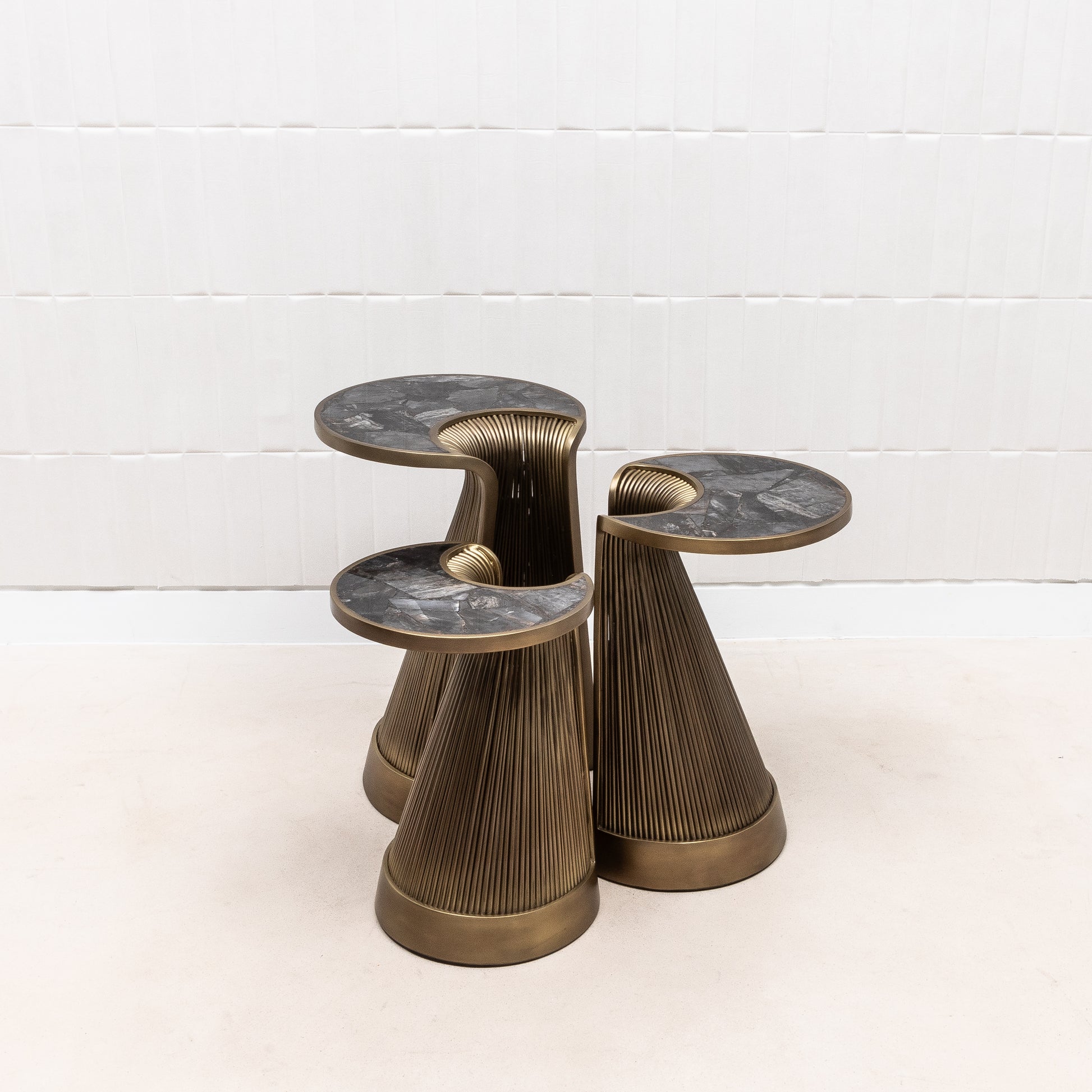 Set of 3 Nesting Tables in Black Quartz with Bronze Patina Brass by R&Y Augousti