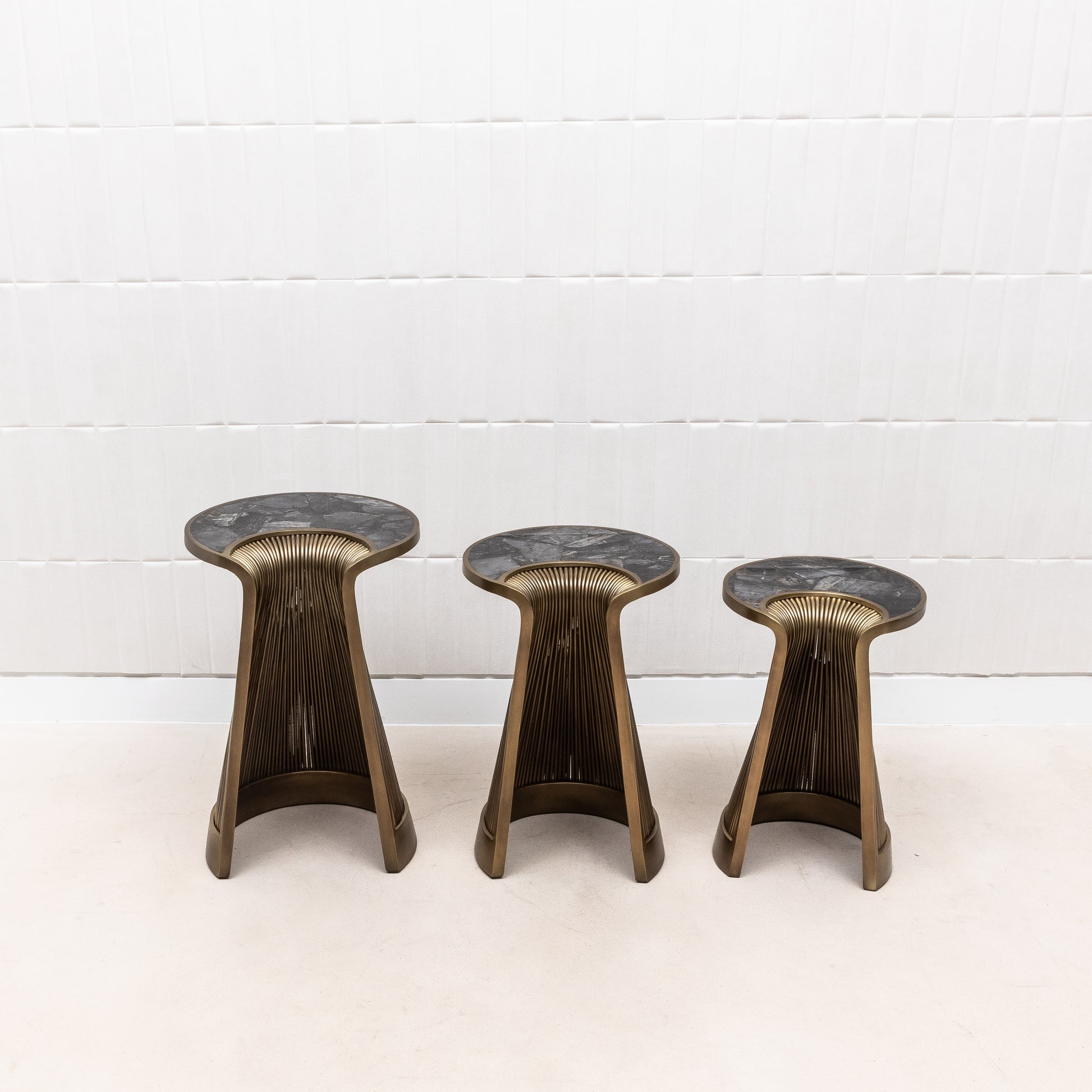 Set of 3 Nesting Tables in Black Quartz with Bronze Patina Brass by R&Y Augousti