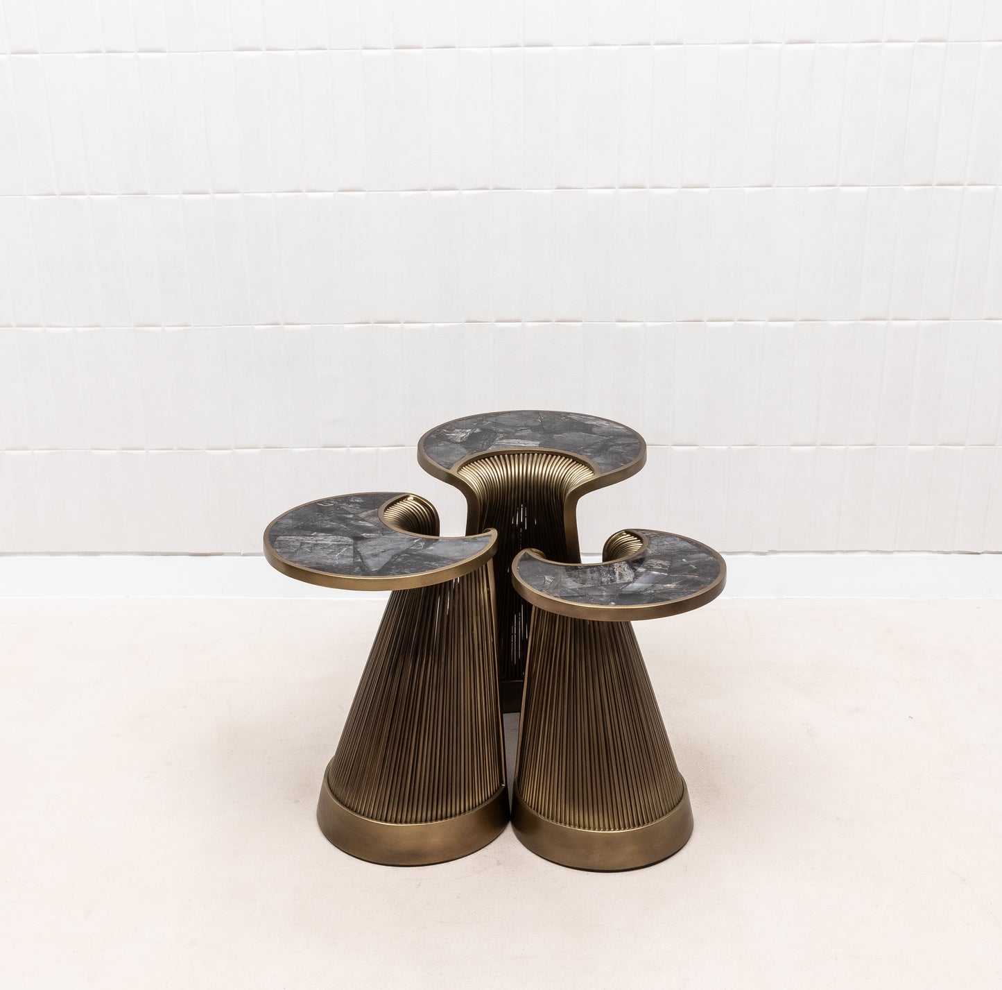 Set of 3 Nesting Tables in Black Quartz with Bronze Patina Brass by R&Y Augousti