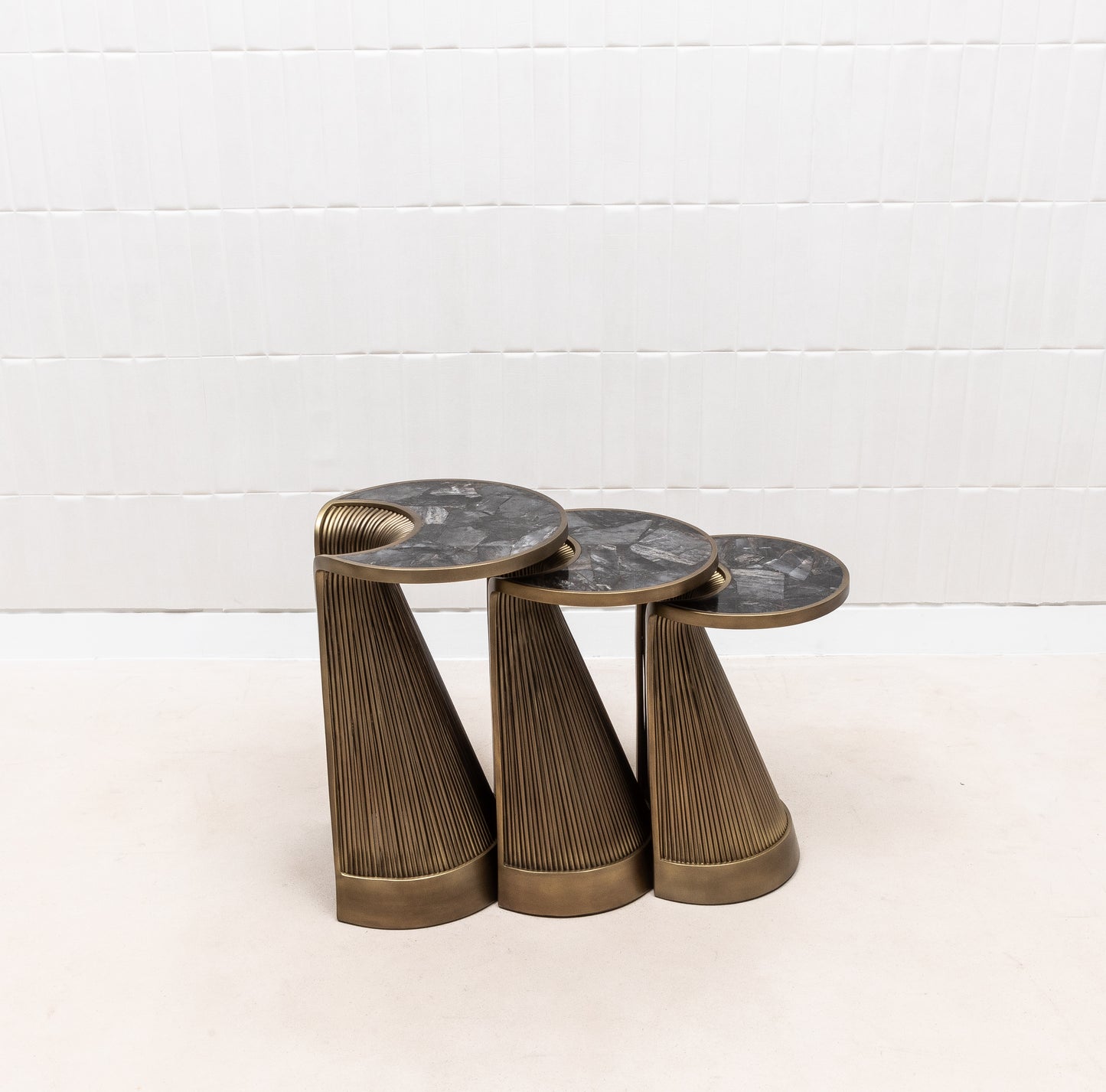 Set of 3 Nesting Tables in Black Quartz with Bronze Patina Brass by R&Y Augousti