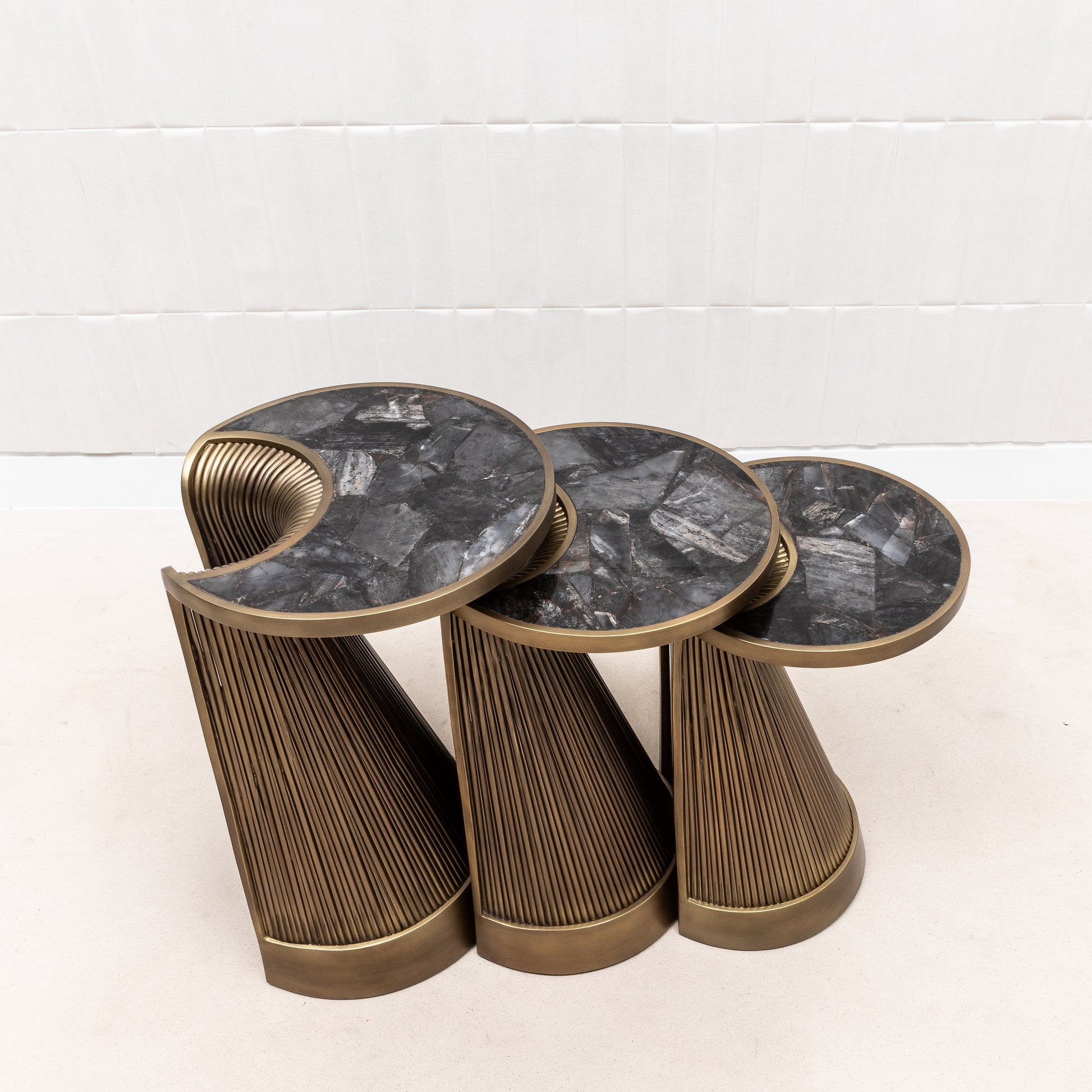 Set of 3 Nesting Tables in Black Quartz with Bronze Patina Brass by R&Y Augousti