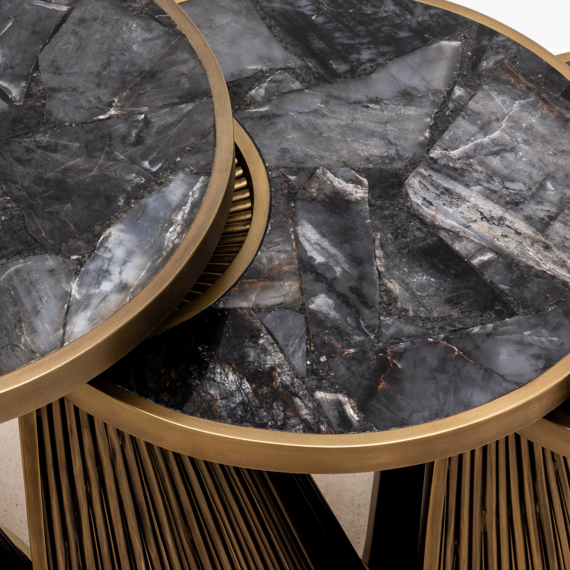 Set of 3 Nesting Tables in Black Quartz with Bronze Patina Brass by R&Y Augousti