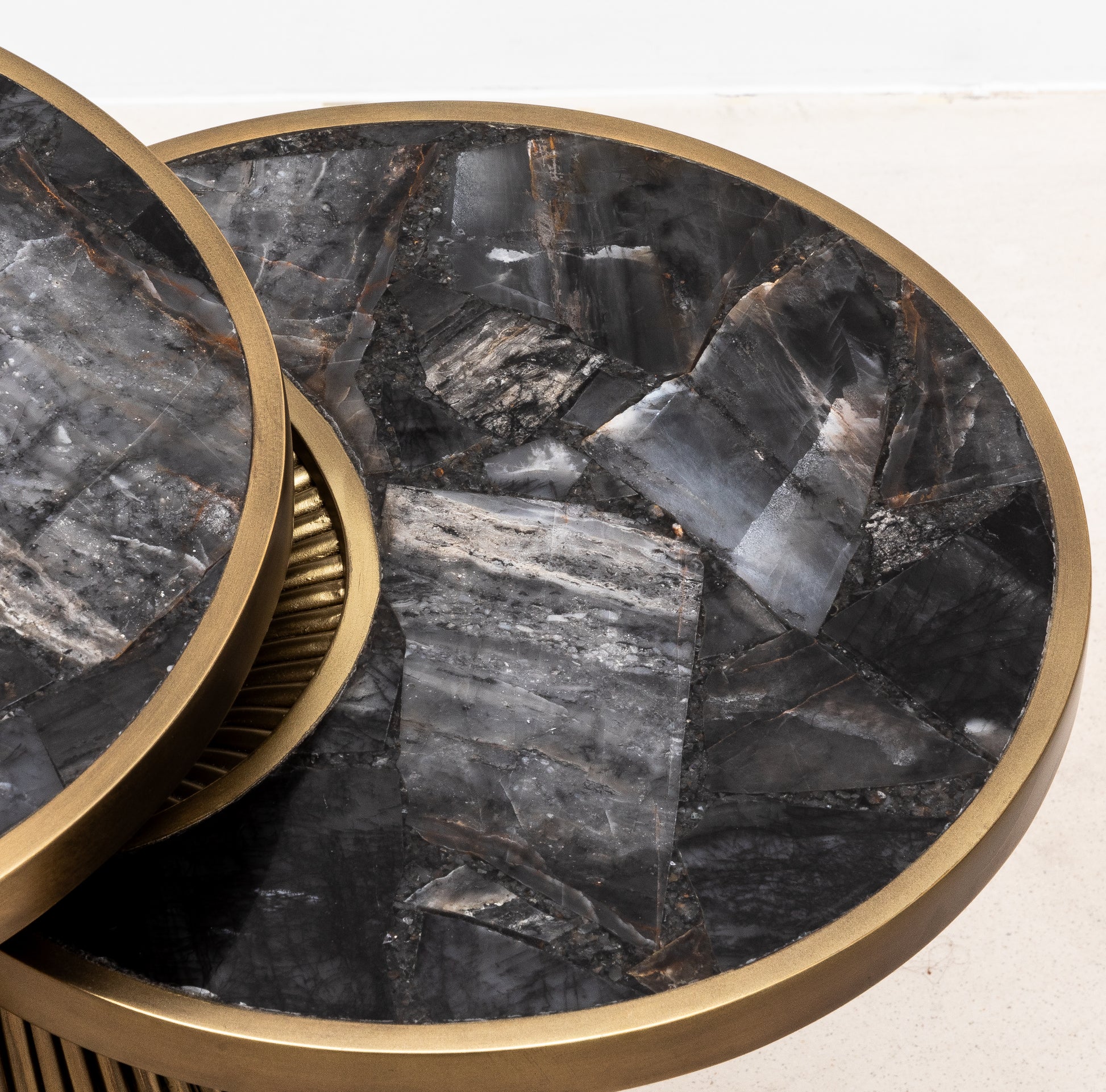 Set of 3 Nesting Tables in Black Quartz with Bronze Patina Brass by R&Y Augousti