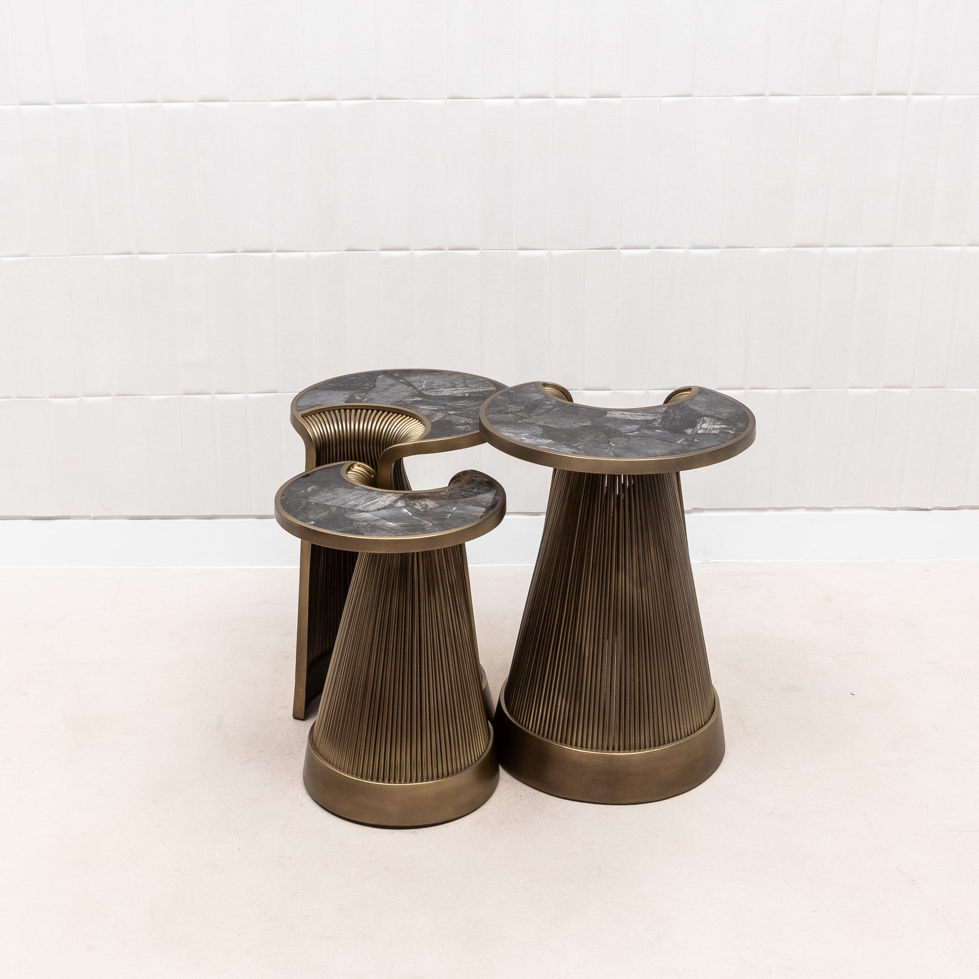 Set of 3 Nesting Tables in Black Quartz with Bronze Patina Brass by R&Y Augousti