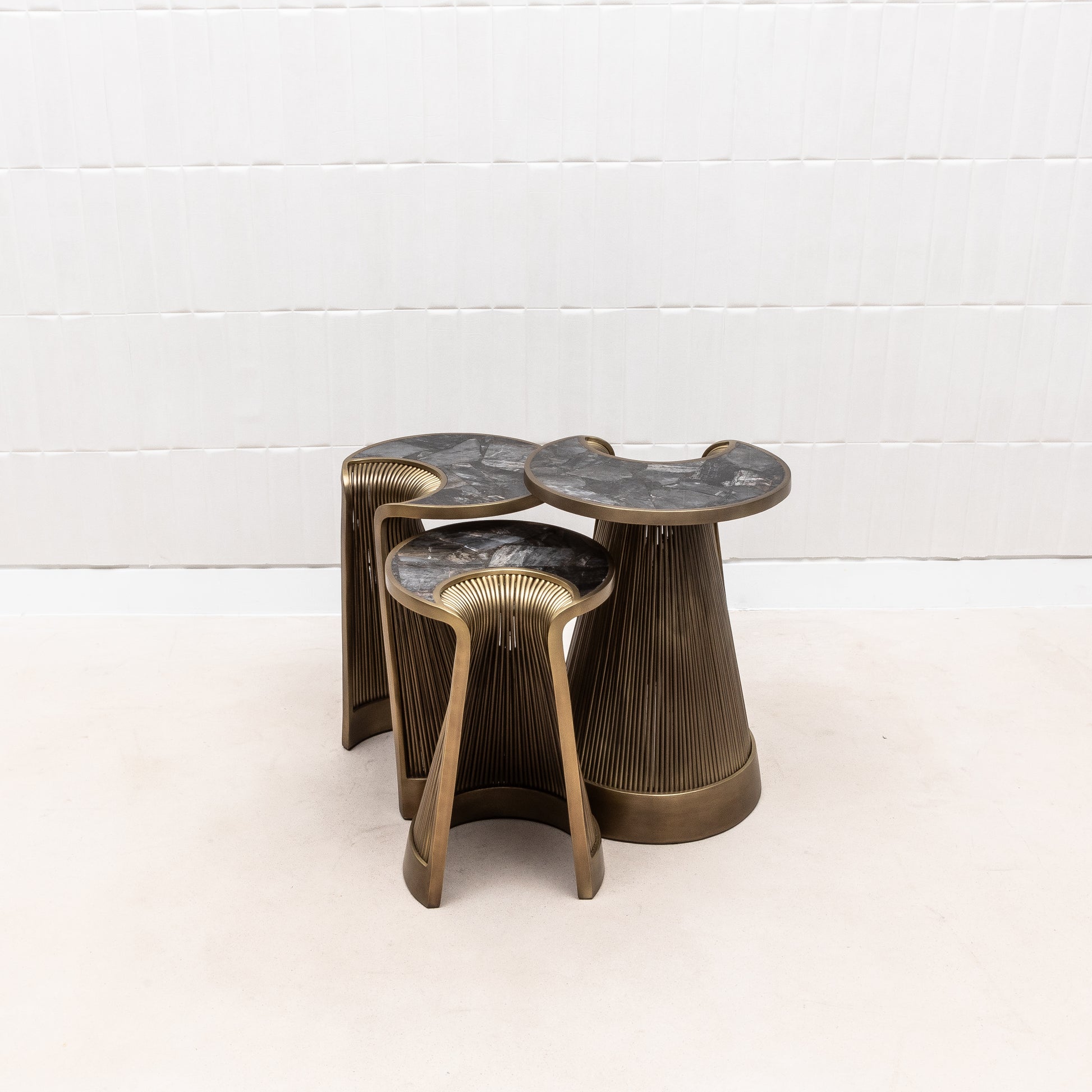 Set of 3 Nesting Tables in Black Quartz with Bronze Patina Brass by R&Y Augousti
