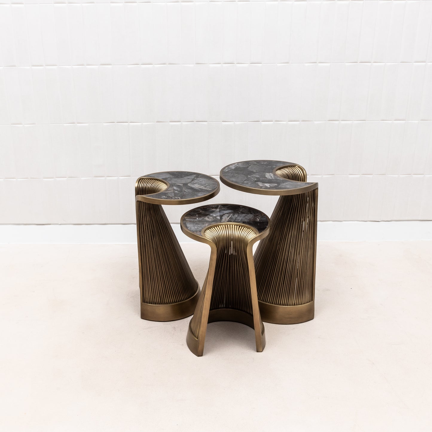 Set of 3 Nesting Tables in Black Quartz with Bronze Patina Brass by R&Y Augousti