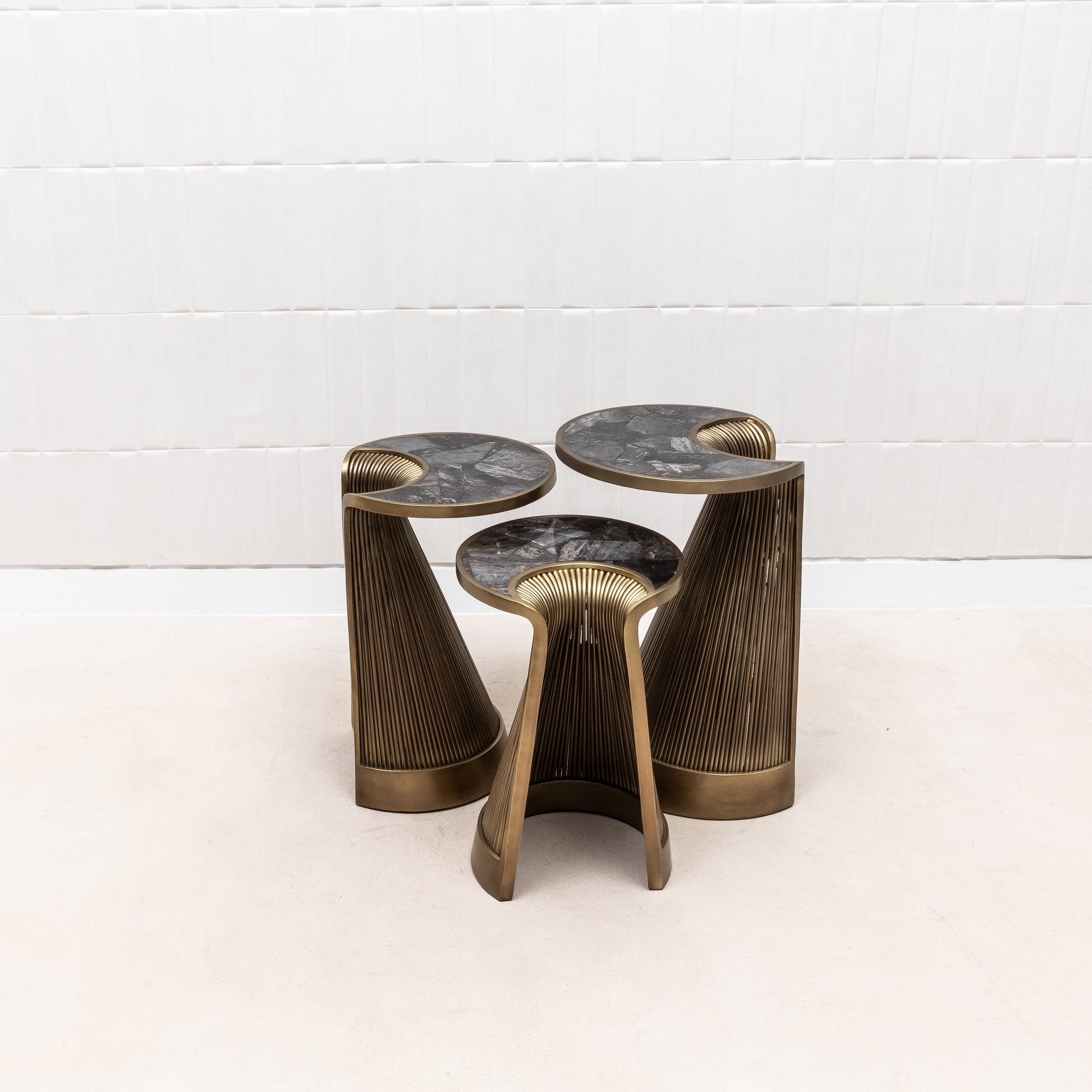Set of 3 Nesting Tables in Black Quartz with Bronze Patina Brass by R&Y Augousti