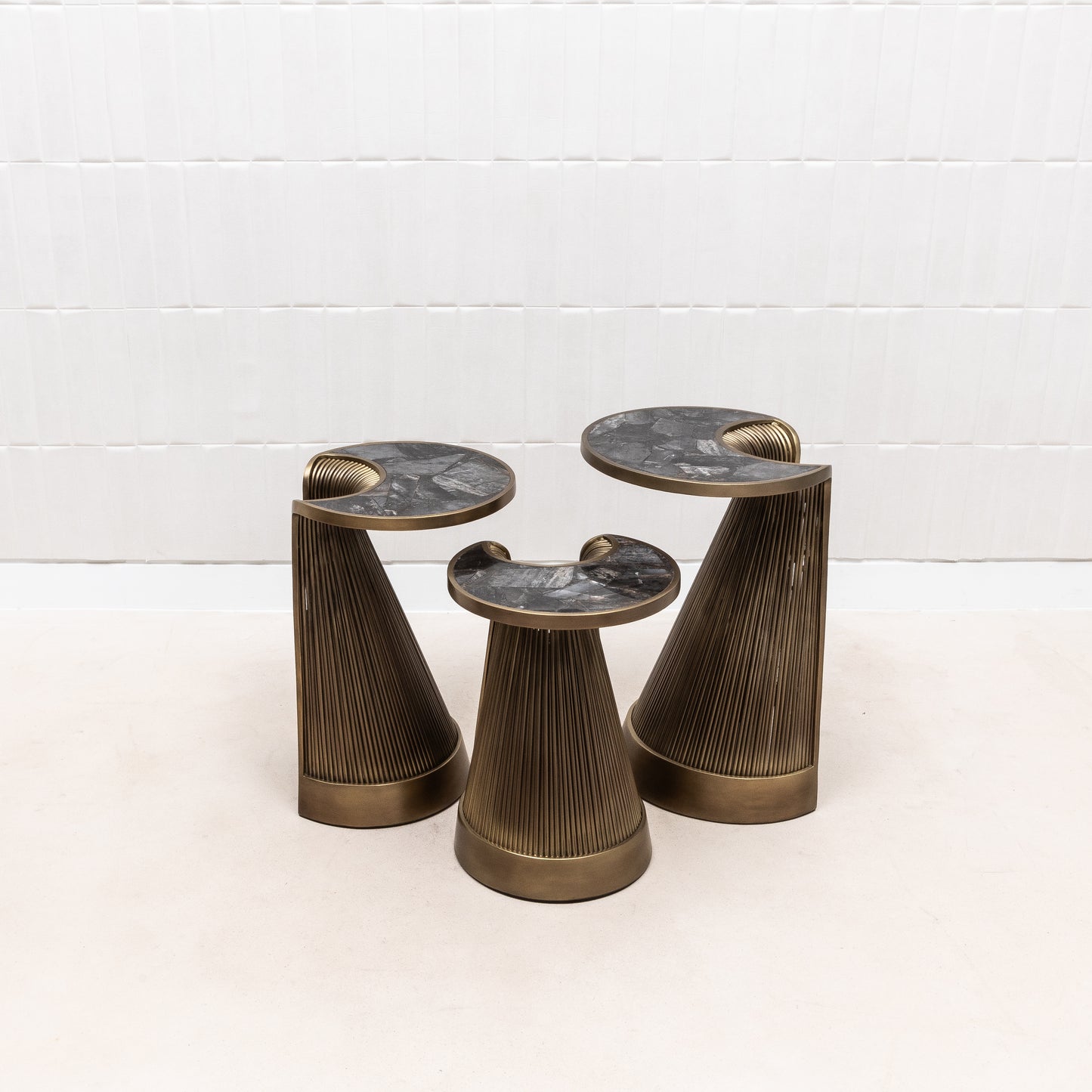 Set of 3 Nesting Tables in Black Quartz with Bronze Patina Brass by R&Y Augousti