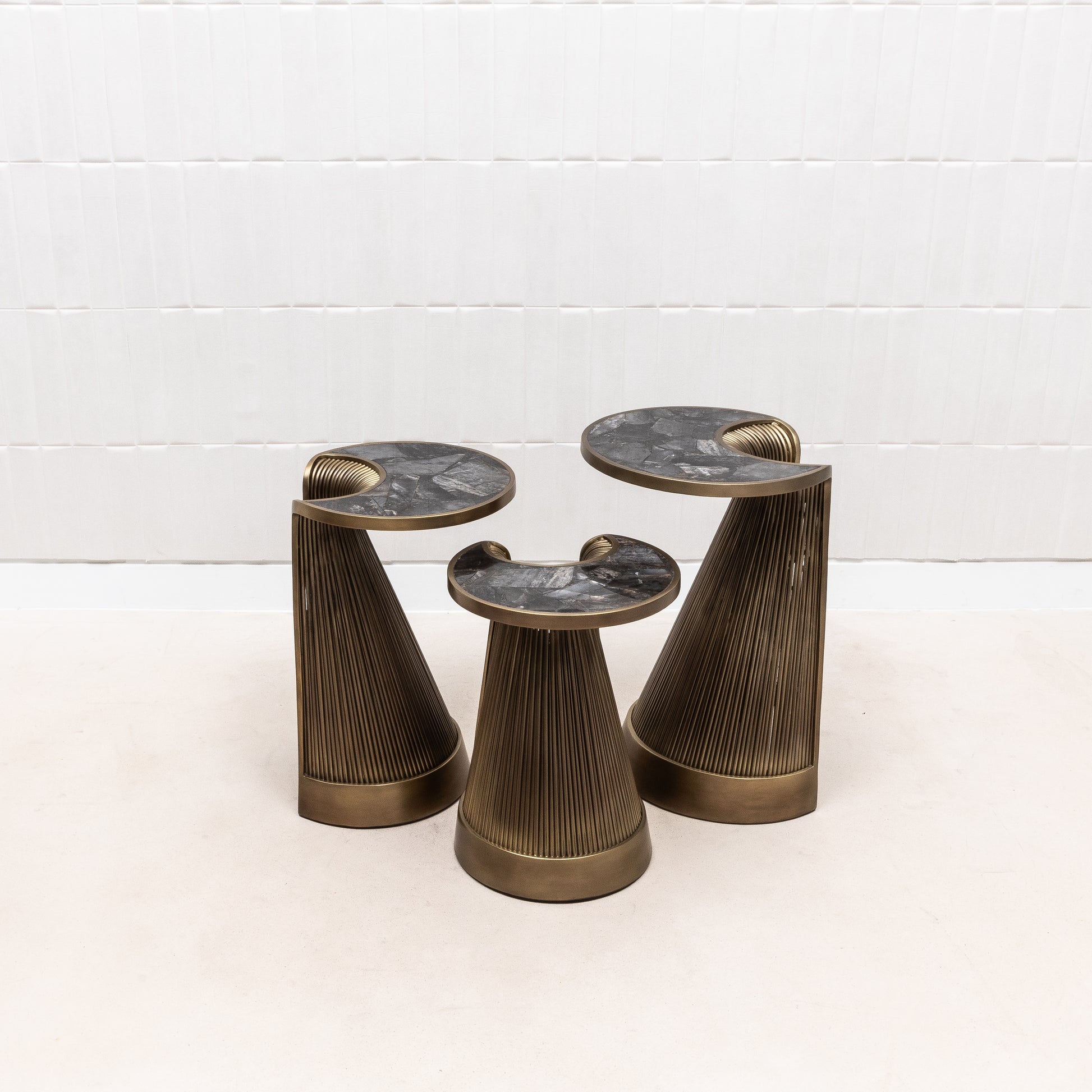 Set of 3 Nesting Tables in Black Quartz with Bronze Patina Brass by R&Y Augousti