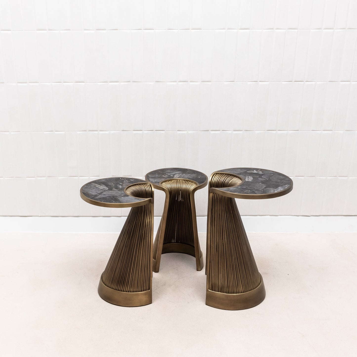 Set of 3 Nesting Tables in Black Quartz with Bronze Patina Brass by R&Y Augousti