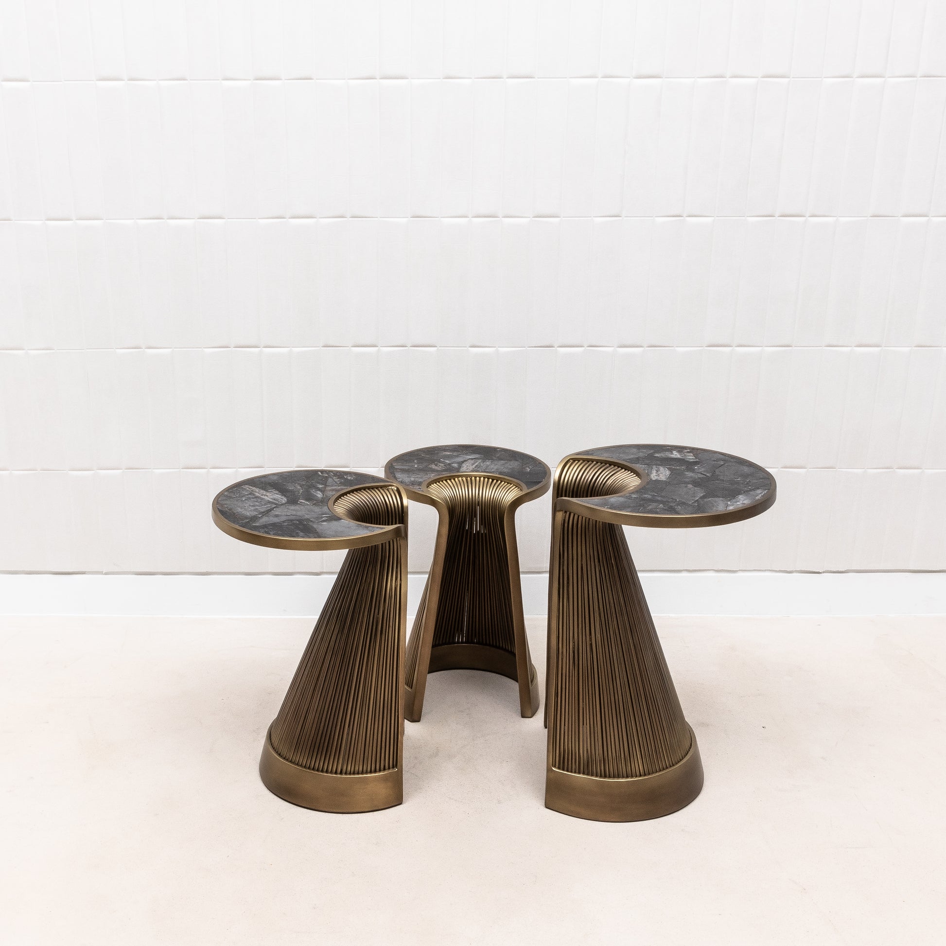 Set of 3 Nesting Tables in Black Quartz with Bronze Patina Brass by R&Y Augousti