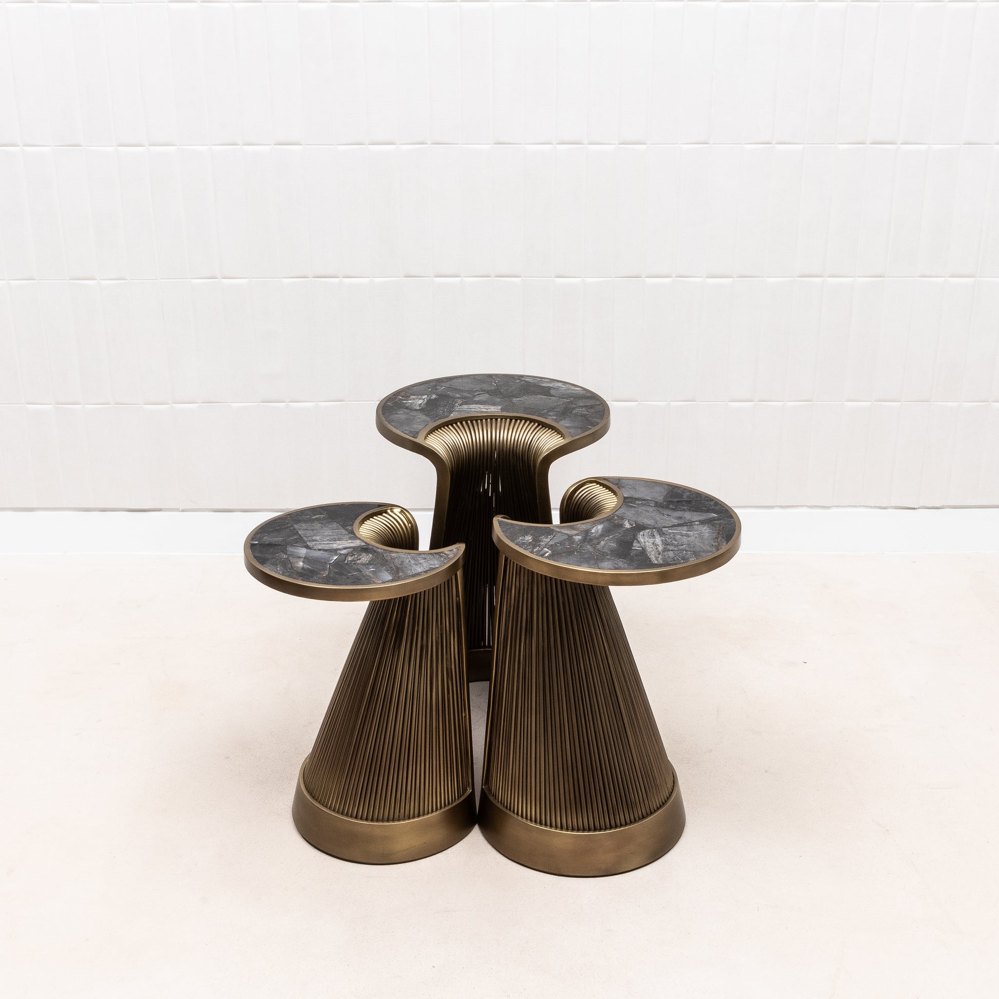 Set of 3 Nesting Tables in Black Quartz with Bronze Patina Brass by R&Y Augousti