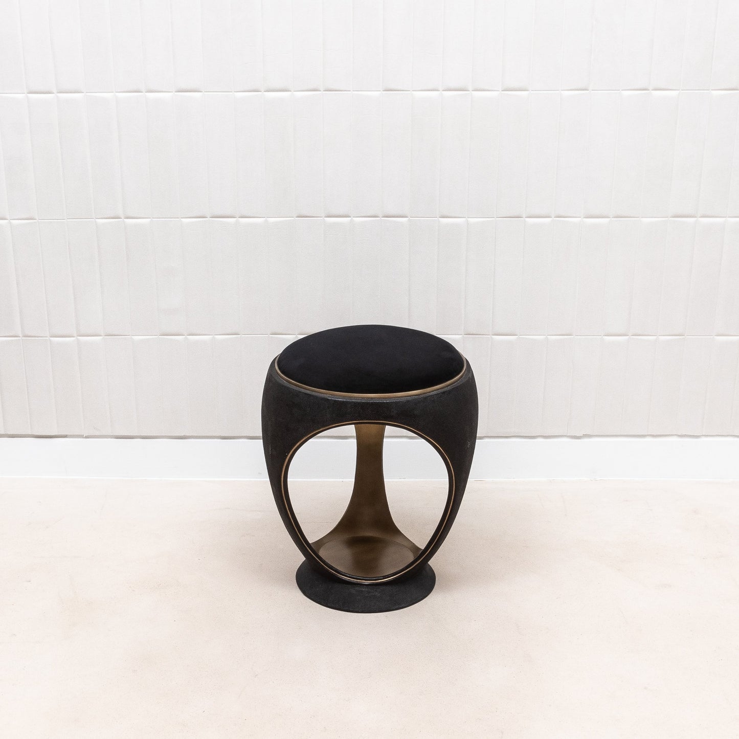 Velvet Upholstered Stool with Black Shagreen and Brass by R&Y Augousti