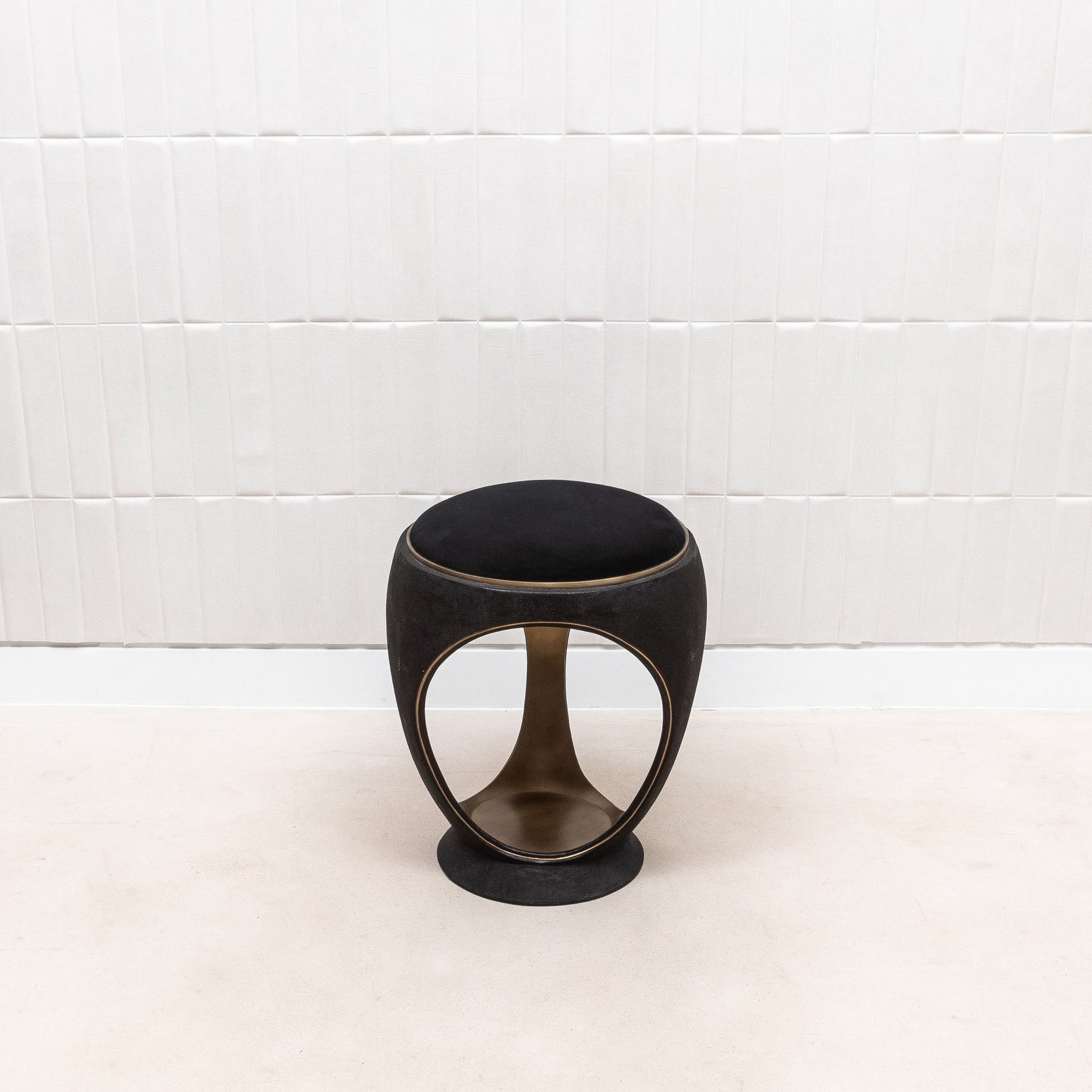 Velvet Upholstered Stool with Black Shagreen and Brass by R&Y Augousti