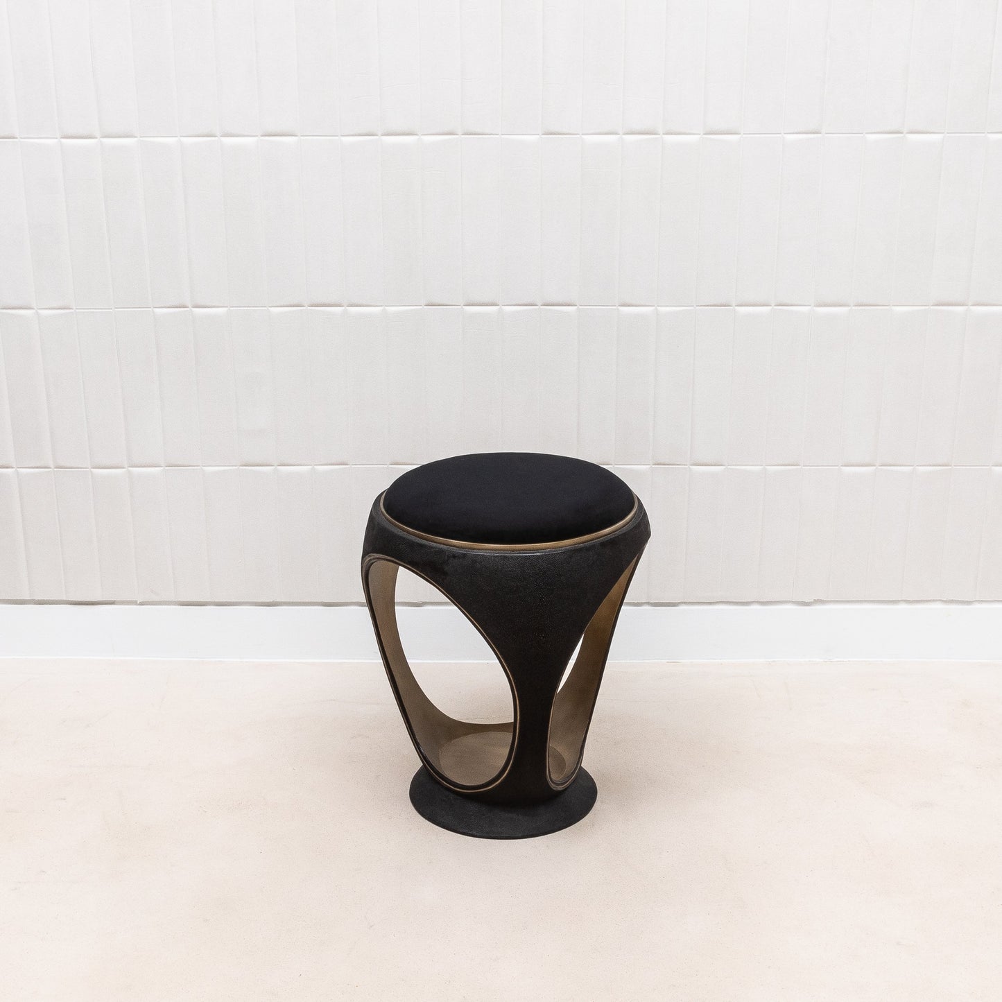 Velvet Upholstered Stool with Black Shagreen and Brass by R&Y Augousti