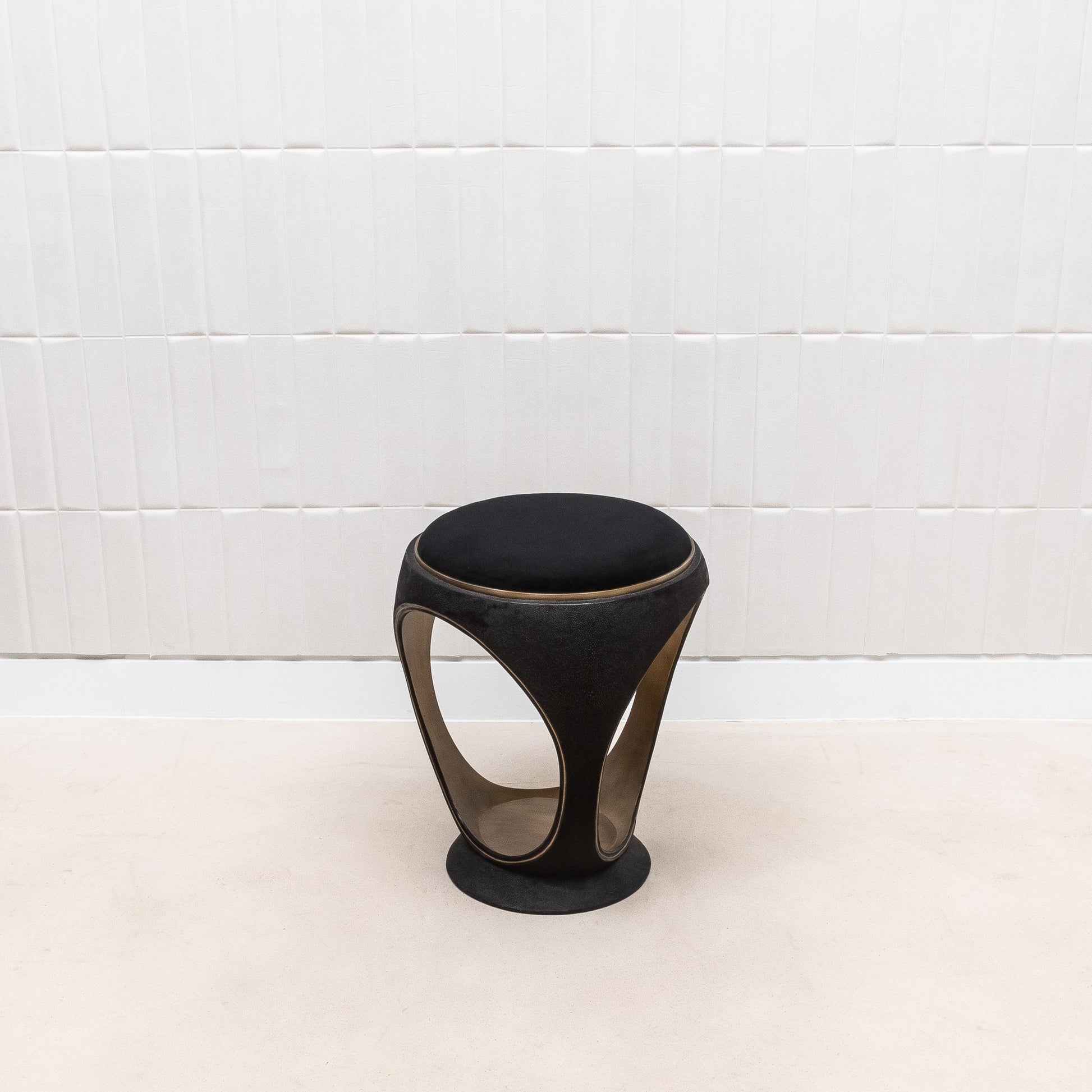 Velvet Upholstered Stool with Black Shagreen and Brass by R&Y Augousti