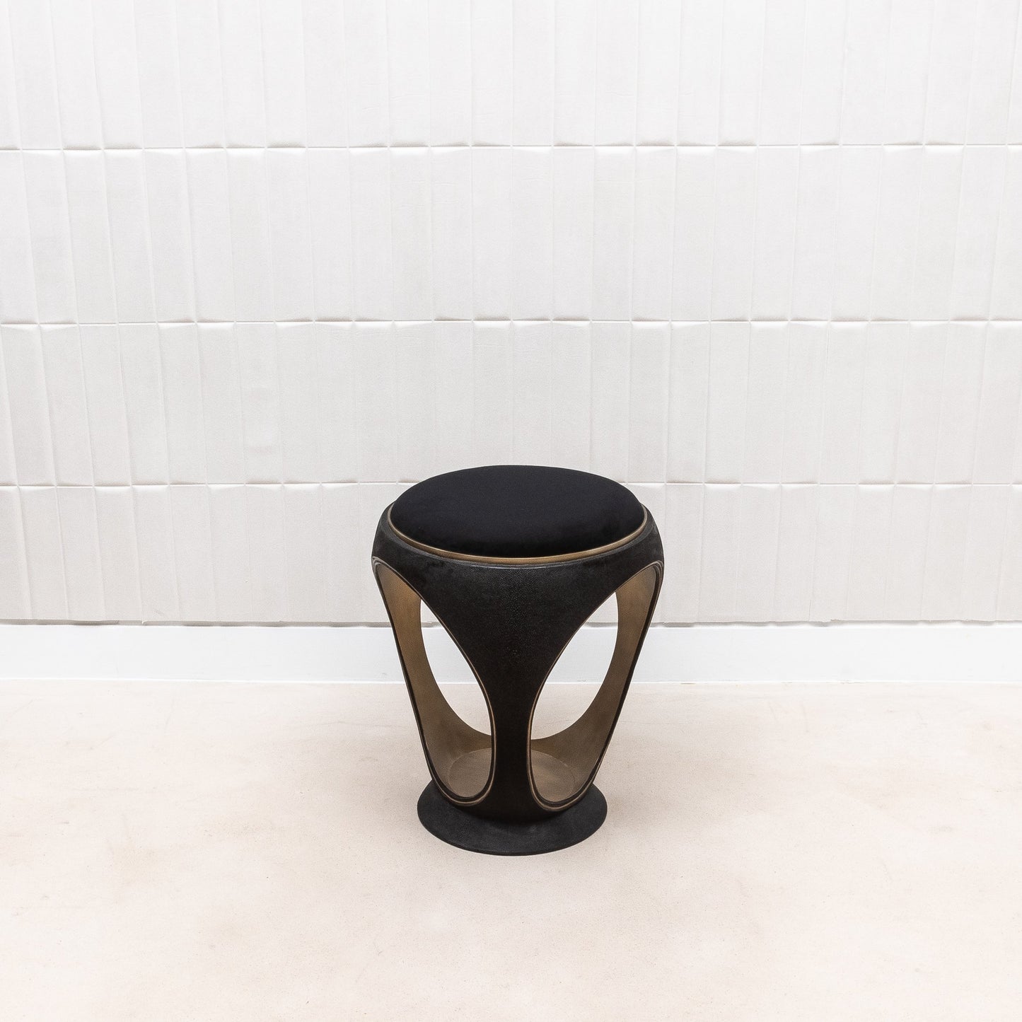 Velvet Upholstered Stool with Black Shagreen and Brass by R&Y Augousti