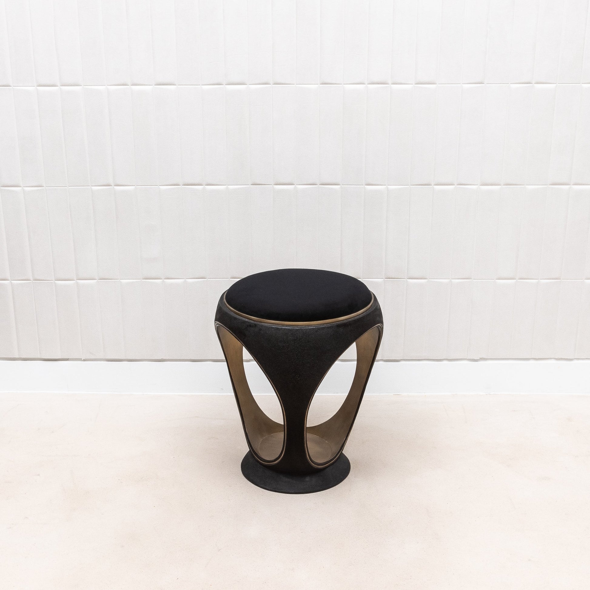 Velvet Upholstered Stool with Black Shagreen and Brass by R&Y Augousti