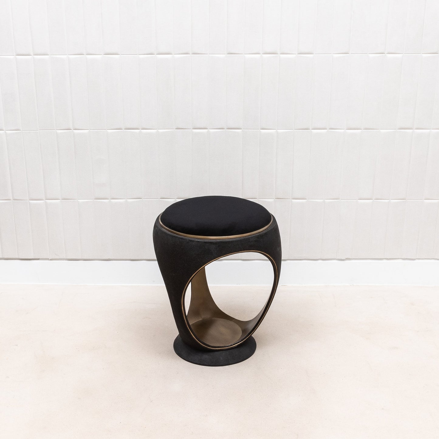 Velvet Upholstered Stool with Black Shagreen and Brass by R&Y Augousti