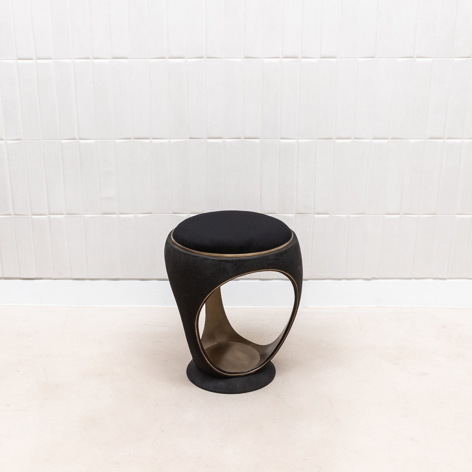 Velvet Upholstered Stool with Black Shagreen and Brass by R&Y Augousti