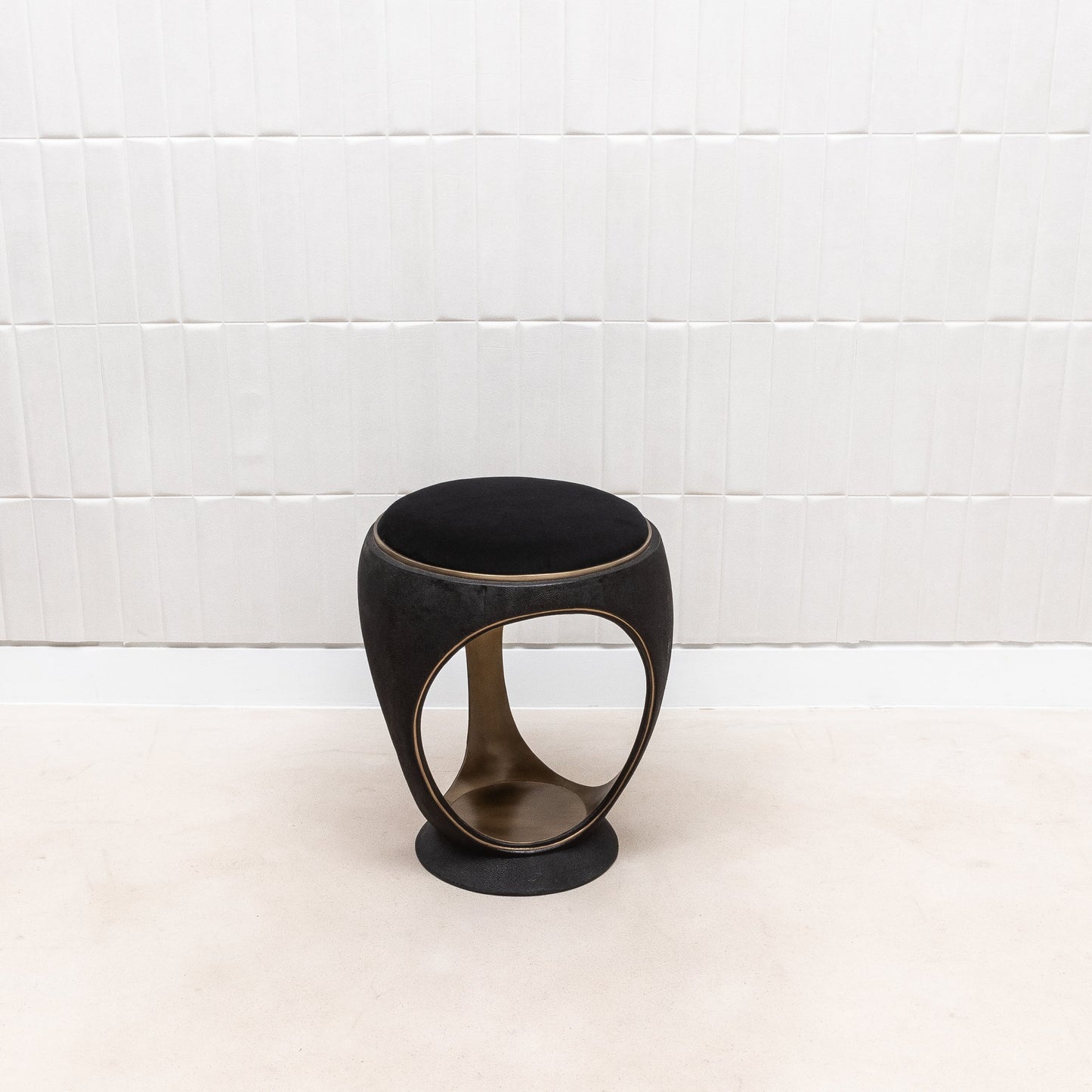 Velvet Upholstered Stool with Black Shagreen and Brass by R&Y Augousti