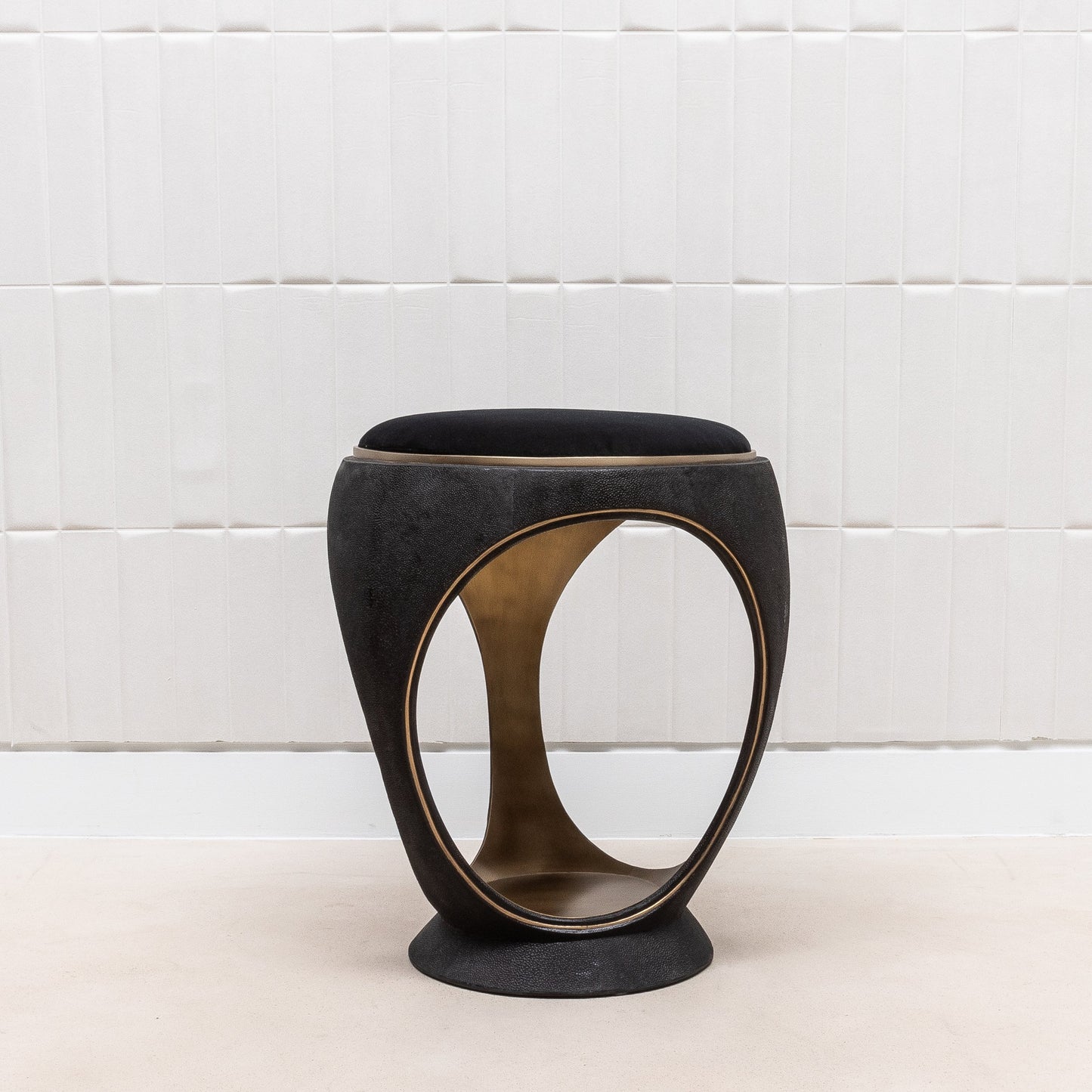 Velvet Upholstered Stool with Black Shagreen and Brass by R&Y Augousti