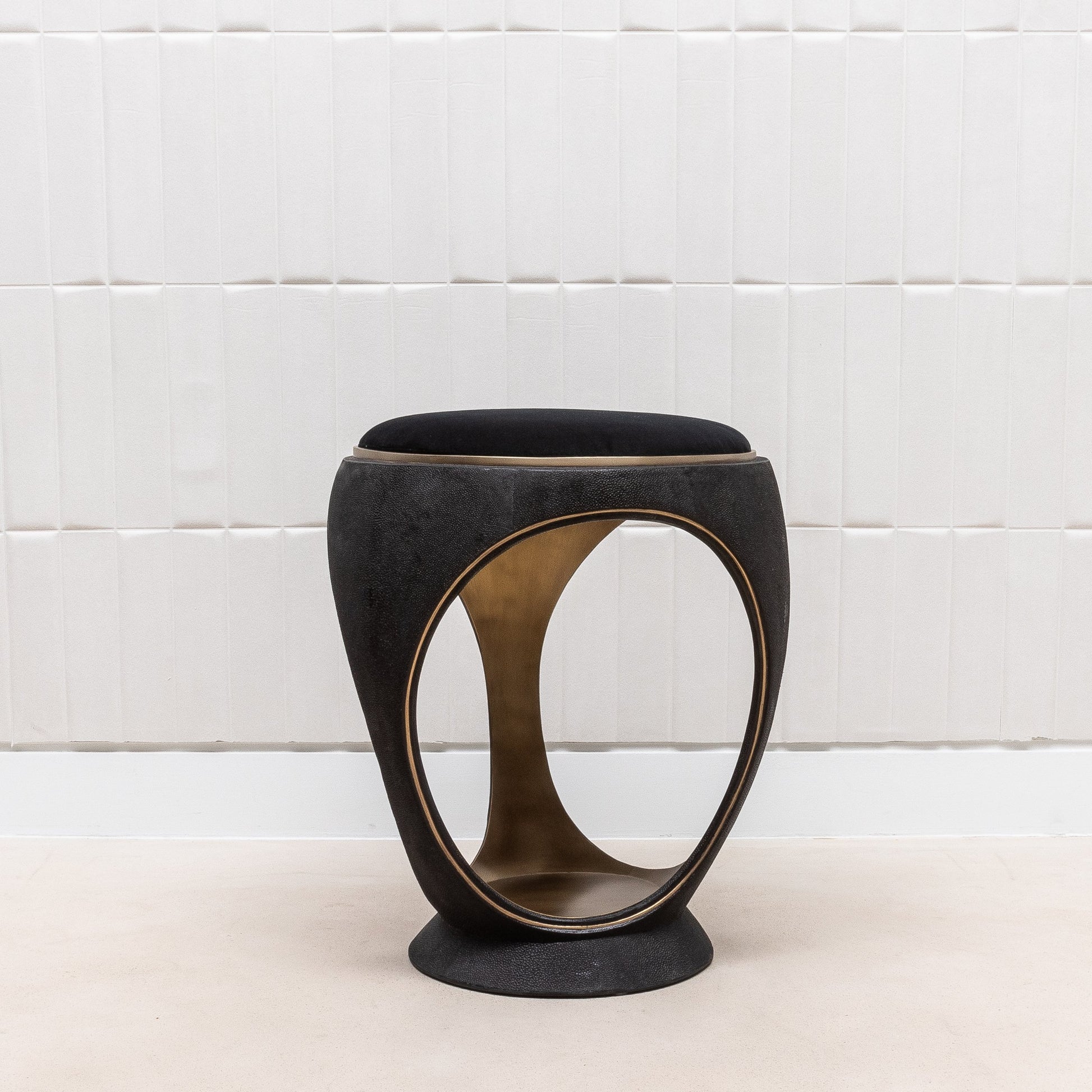 Velvet Upholstered Stool with Black Shagreen and Brass by R&Y Augousti