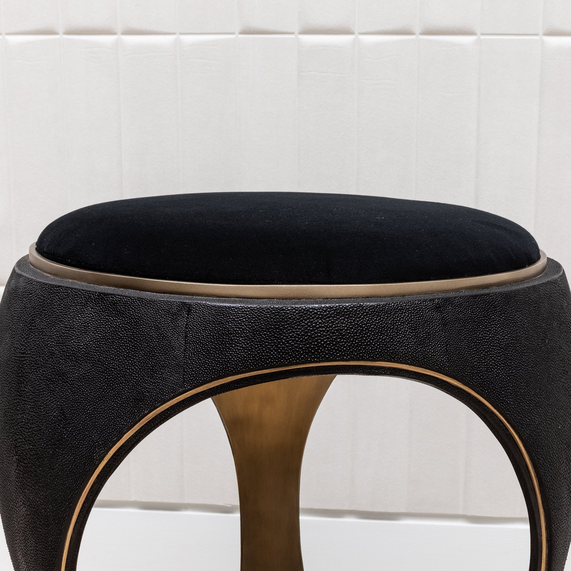 Velvet Upholstered Stool with Black Shagreen and Brass by R&Y Augousti