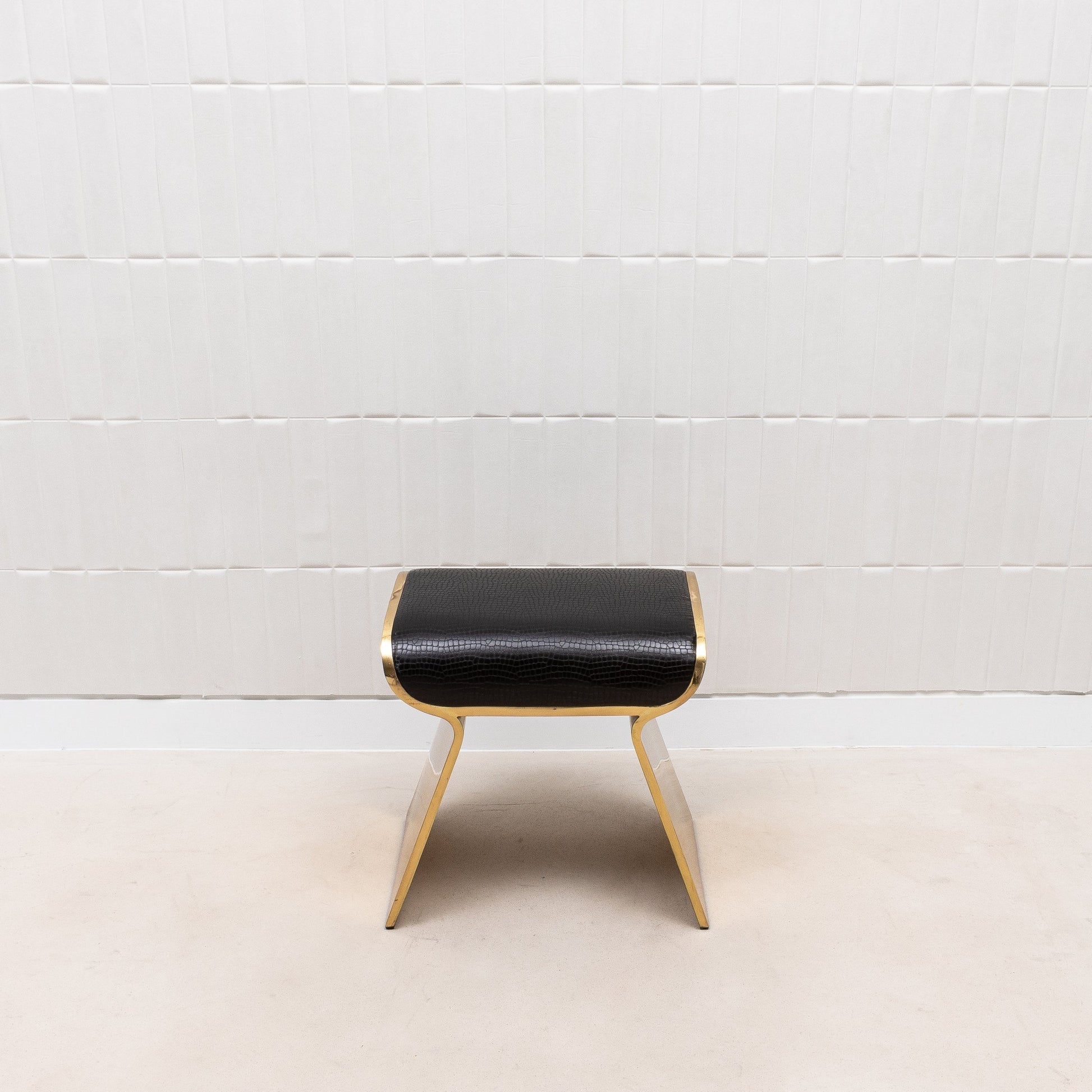 Black Leather Upholstered Stool with Polished Brass by Kifu Paris