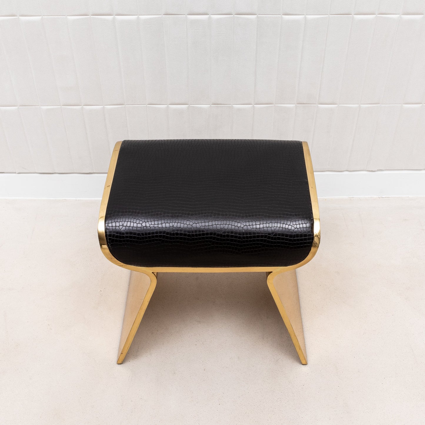 Black Leather Upholstered Stool with Polished Brass by Kifu Paris