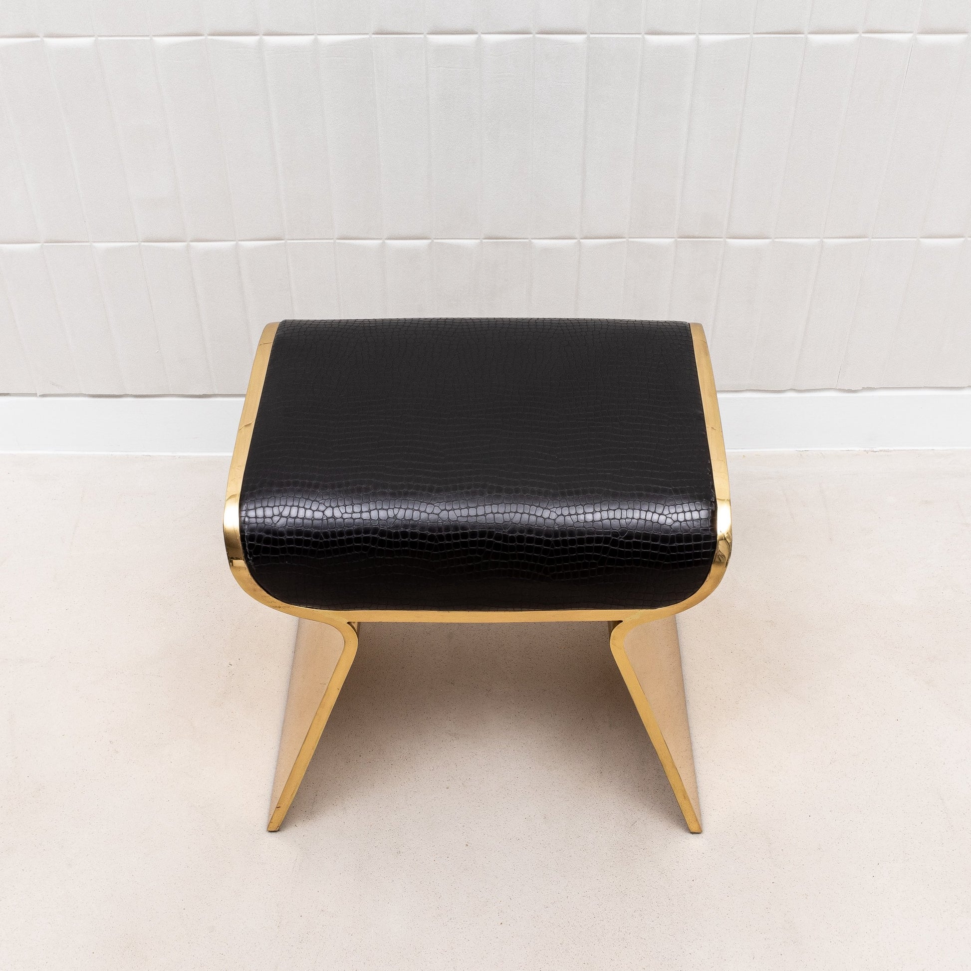 Black Leather Upholstered Stool with Polished Brass by Kifu Paris