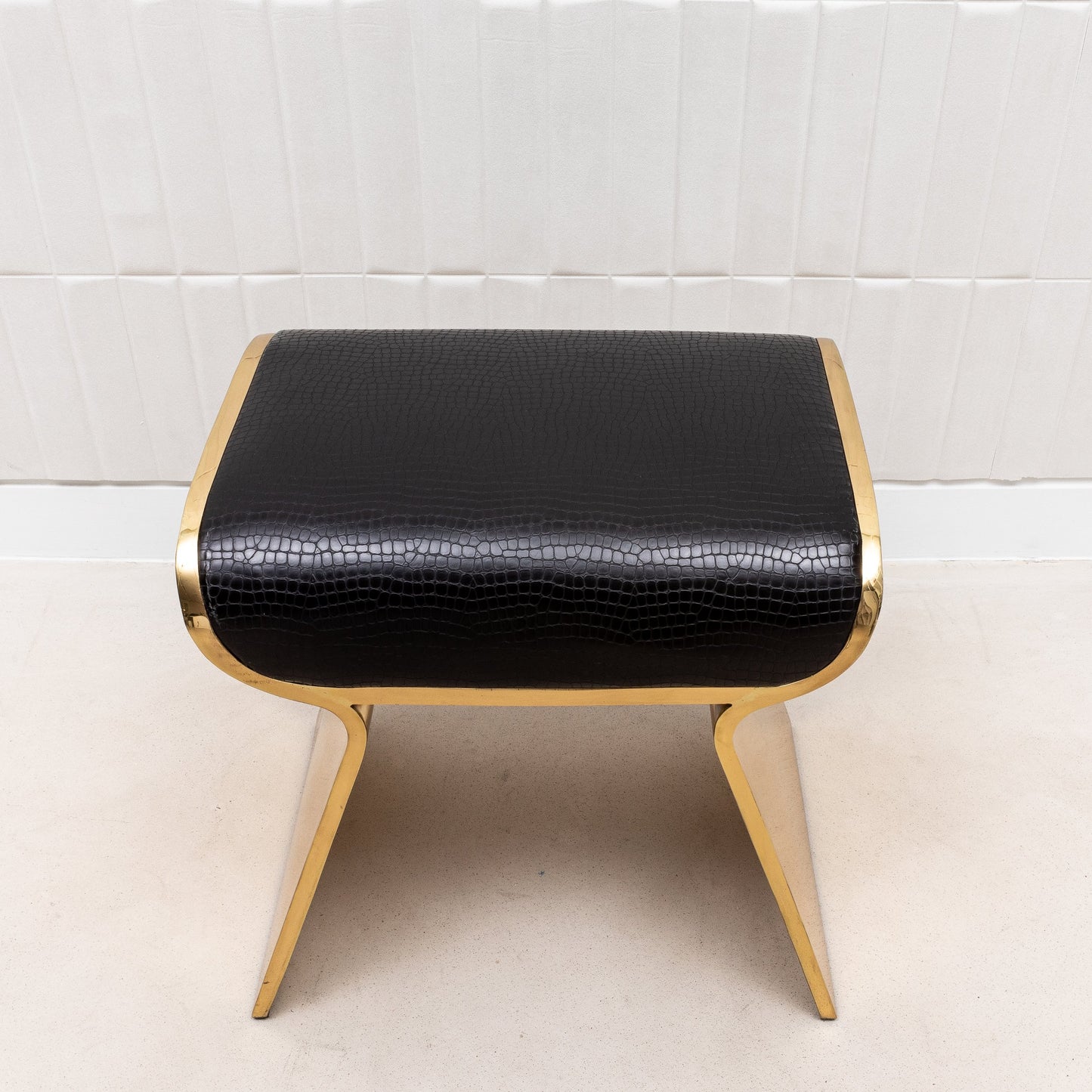 Black Leather Upholstered Stool with Polished Brass by Kifu Paris