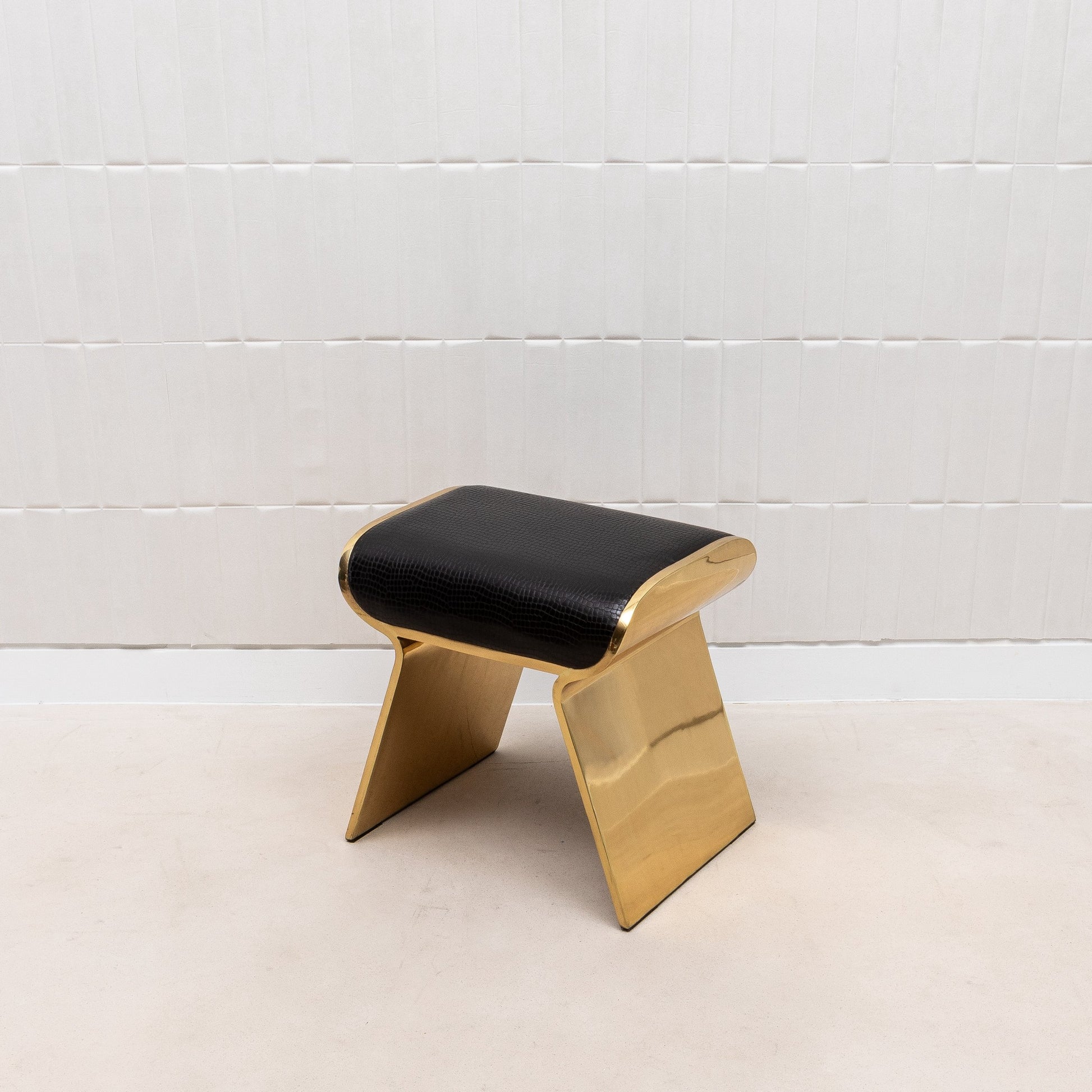 Black Leather Upholstered Stool with Polished Brass by Kifu Paris