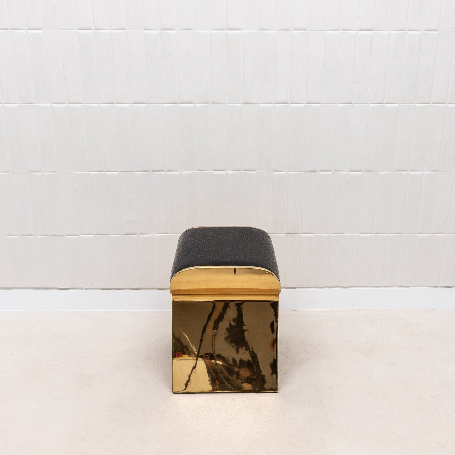 Black Leather Upholstered Stool with Polished Brass by Kifu Paris