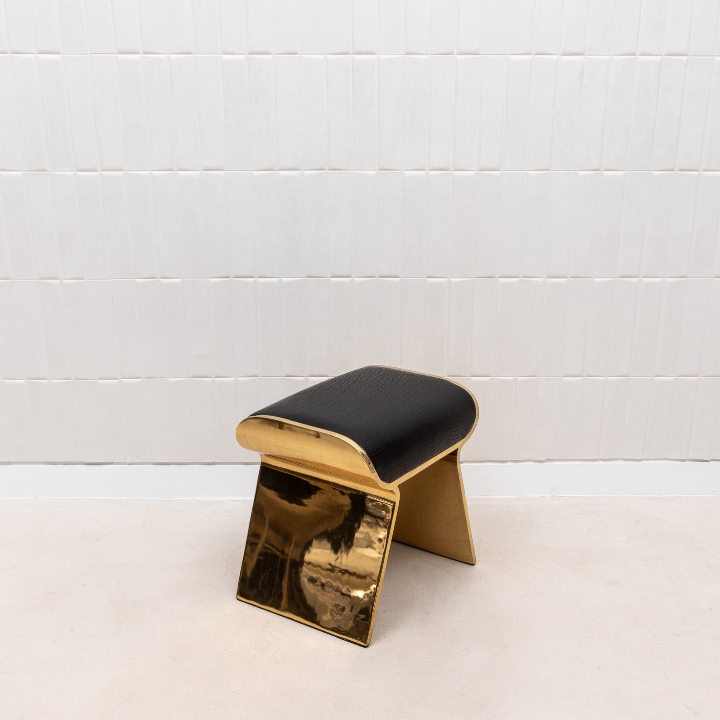 Black Leather Upholstered Stool with Polished Brass by Kifu Paris