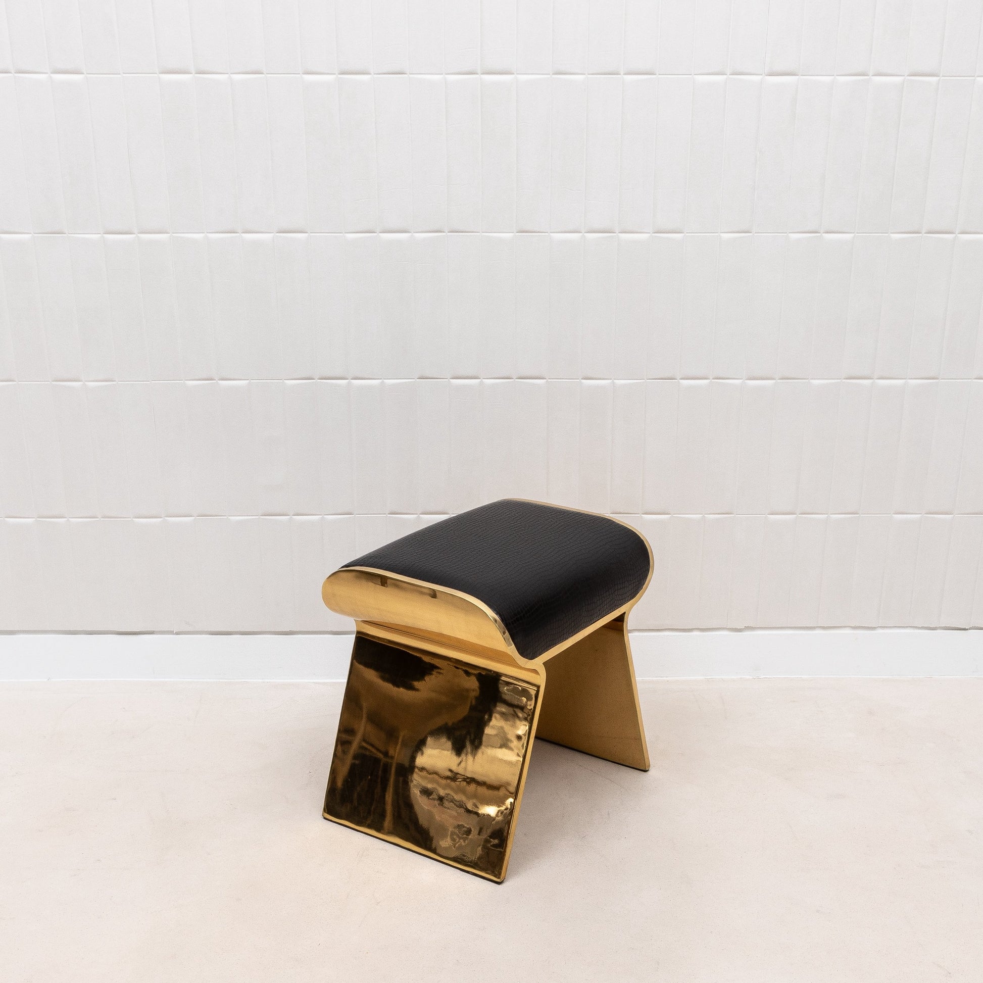 Black Leather Upholstered Stool with Polished Brass by Kifu Paris