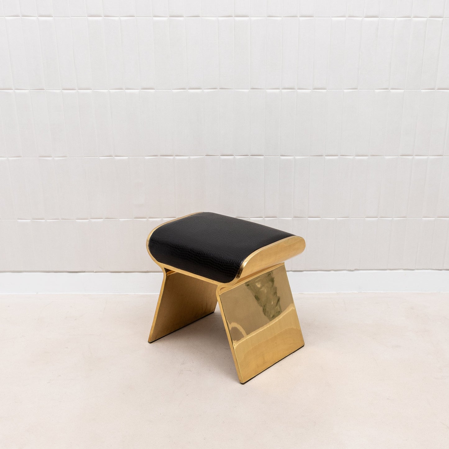 Black Leather Upholstered Stool with Polished Brass by Kifu Paris