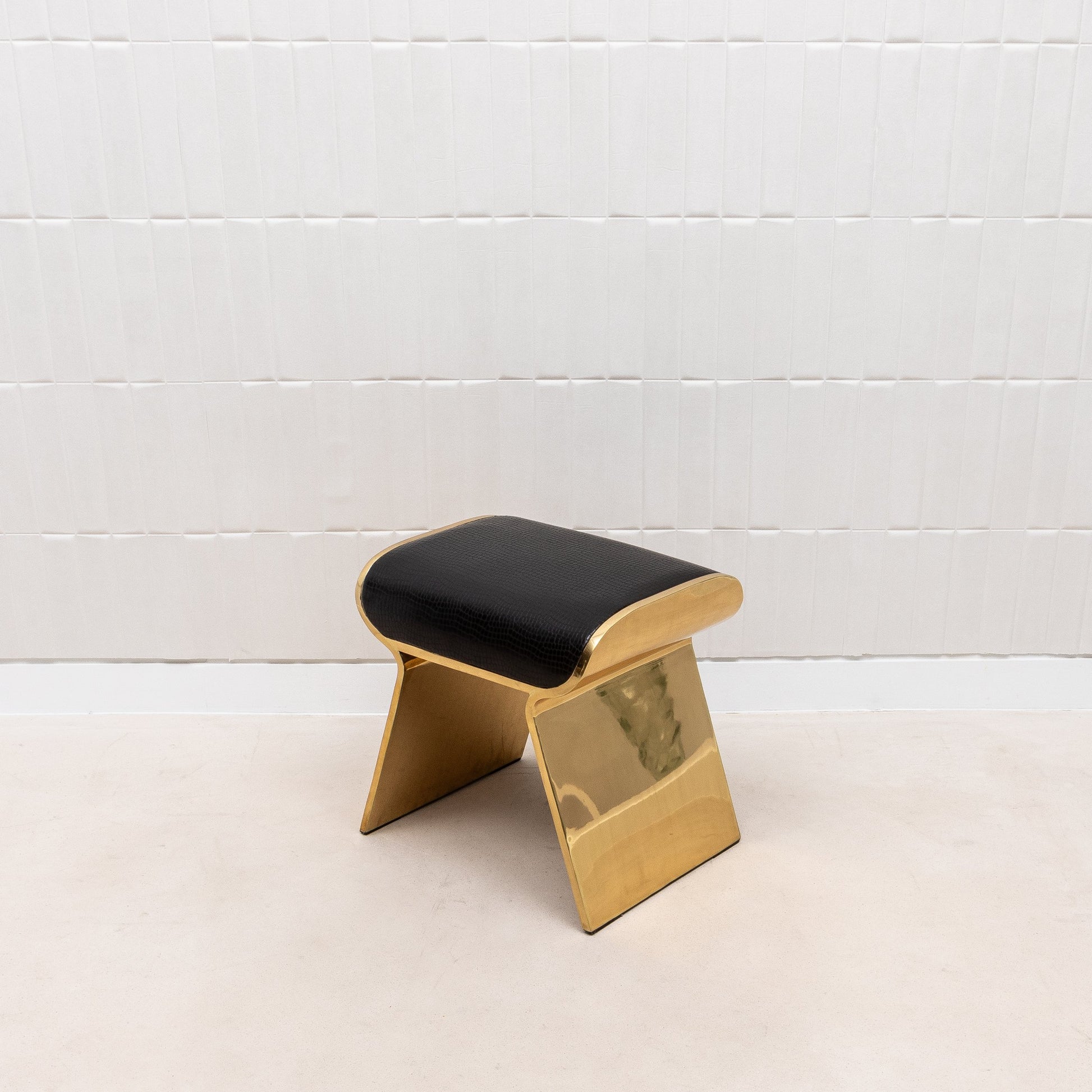 Black Leather Upholstered Stool with Polished Brass by Kifu Paris