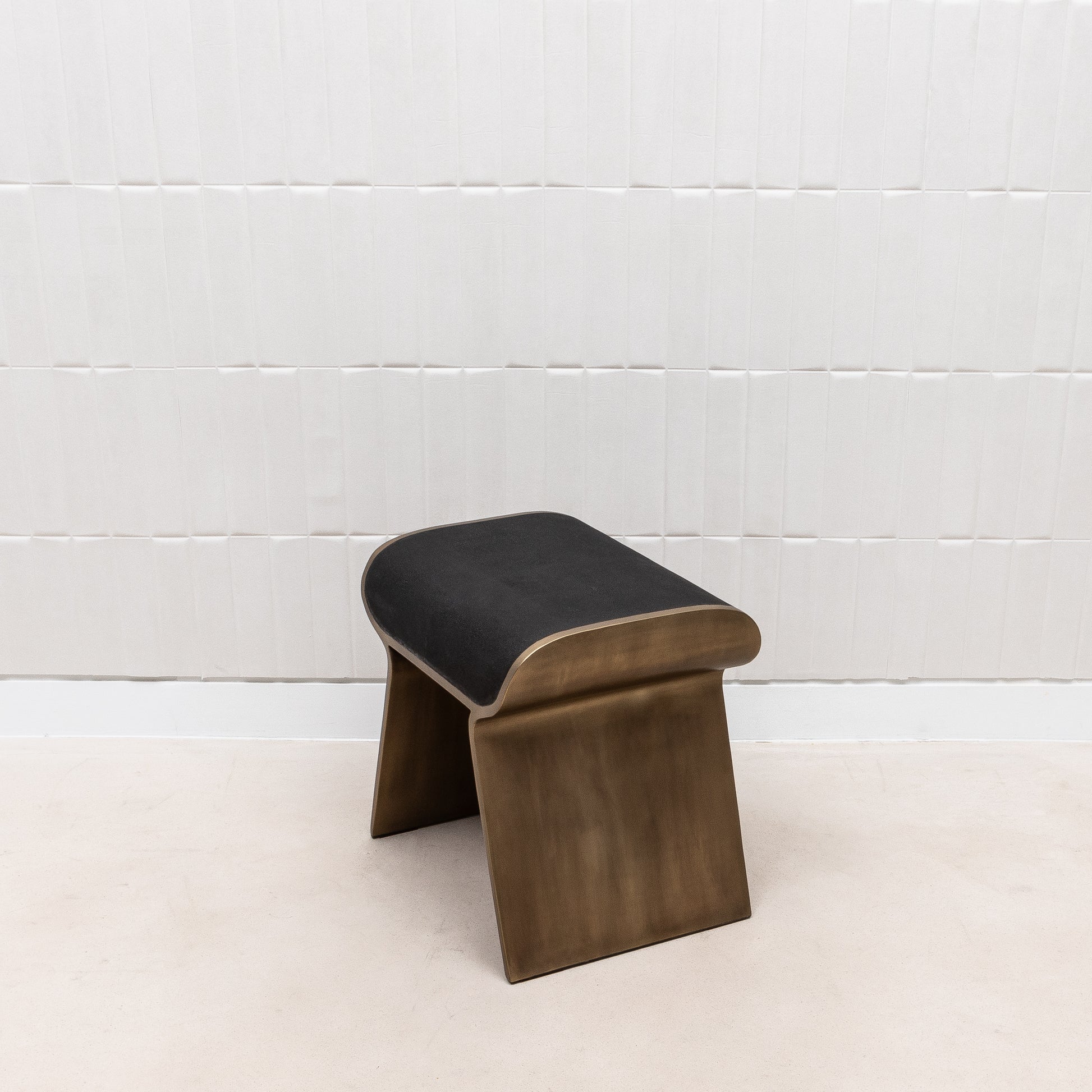 Stool in Black Shagreen with Bronze Patina Brass Legs by Kifu Paris