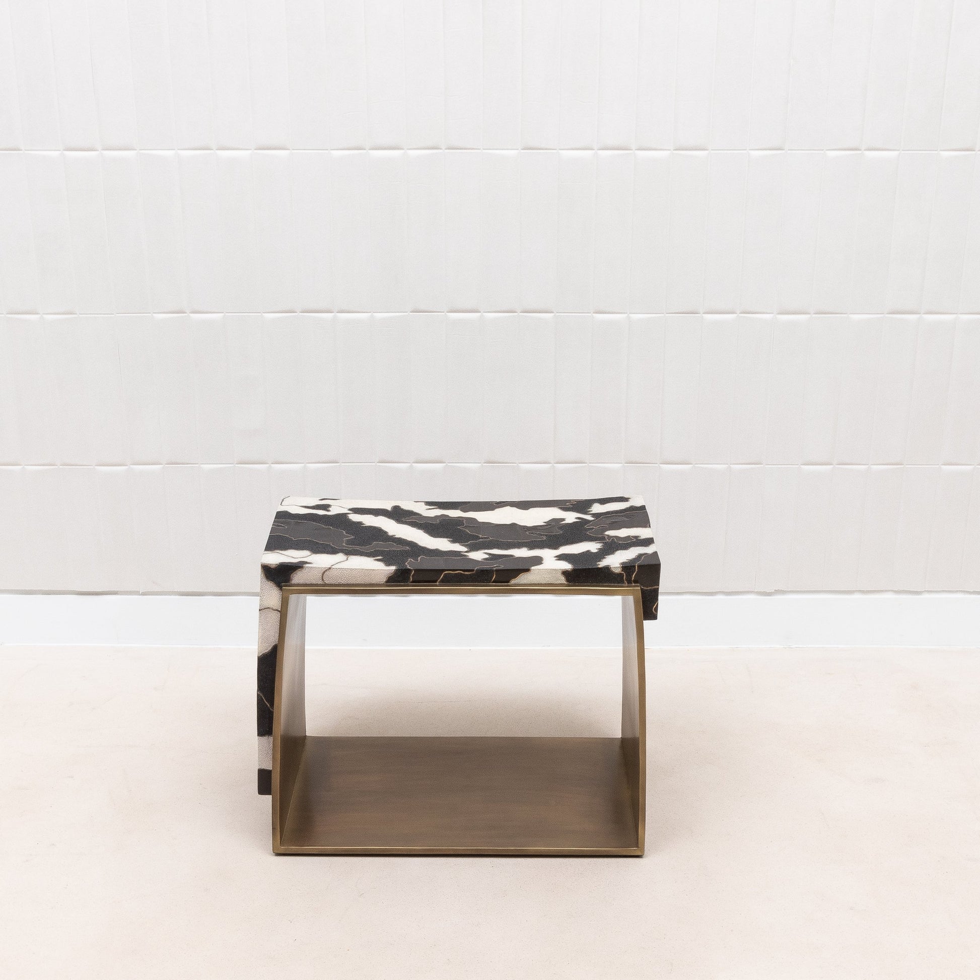Camo Stool in Black/Cream Shagreen and Shell Pattern with Brass by R&Y Augousti