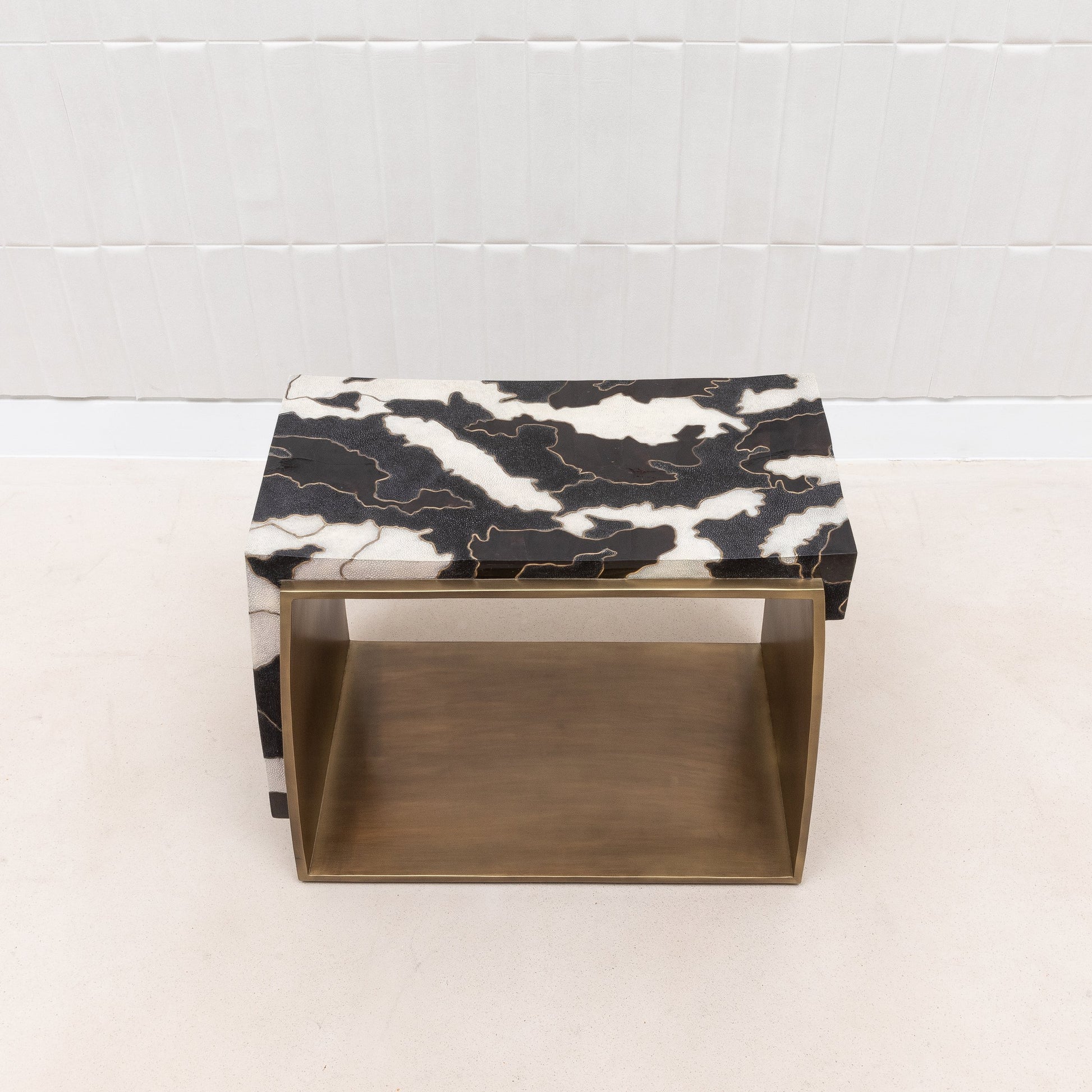 Camo Stool in Black/Cream Shagreen and Shell Pattern with Brass by R&Y Augousti