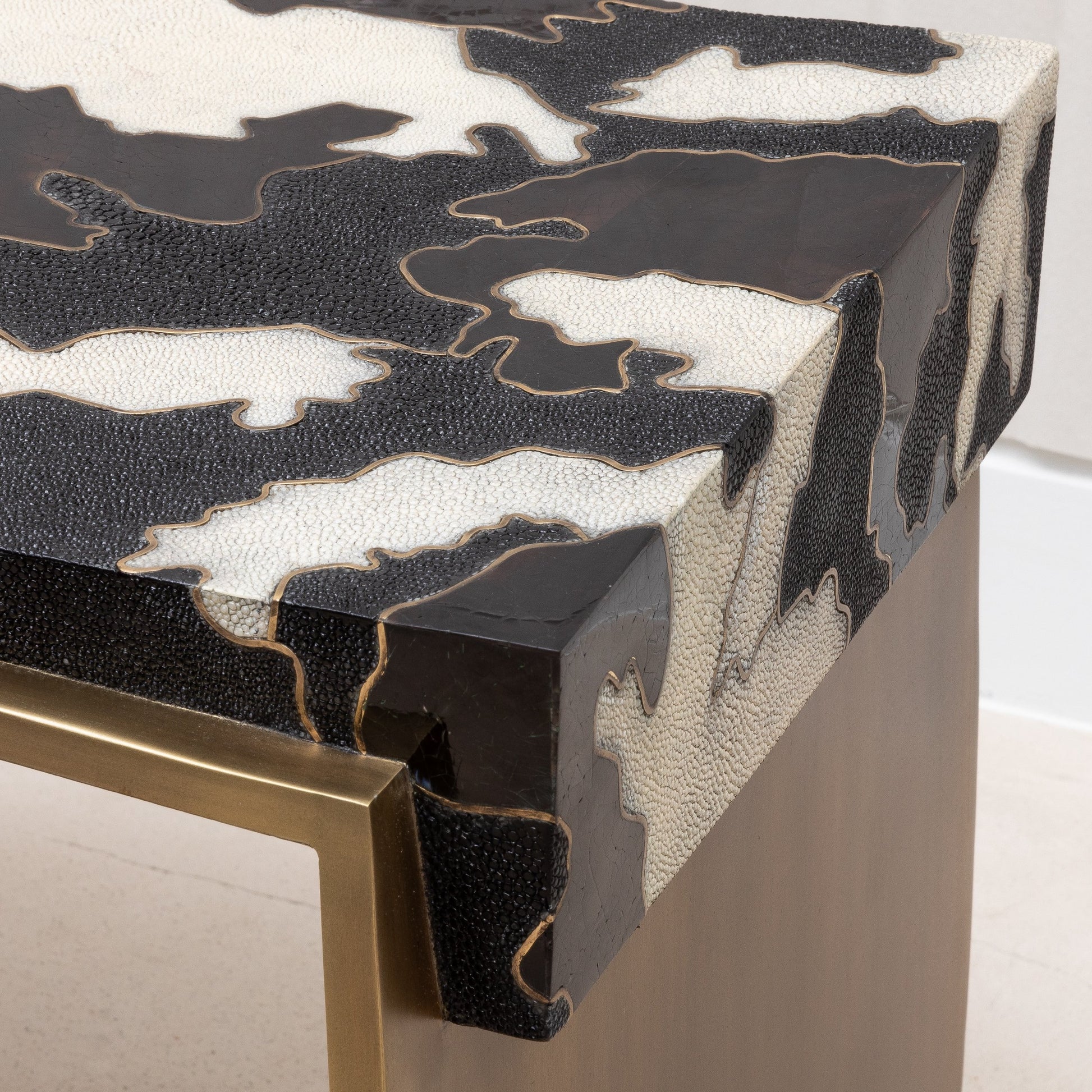 Camo Stool in Black/Cream Shagreen and Shell Pattern with Brass by R&Y Augousti