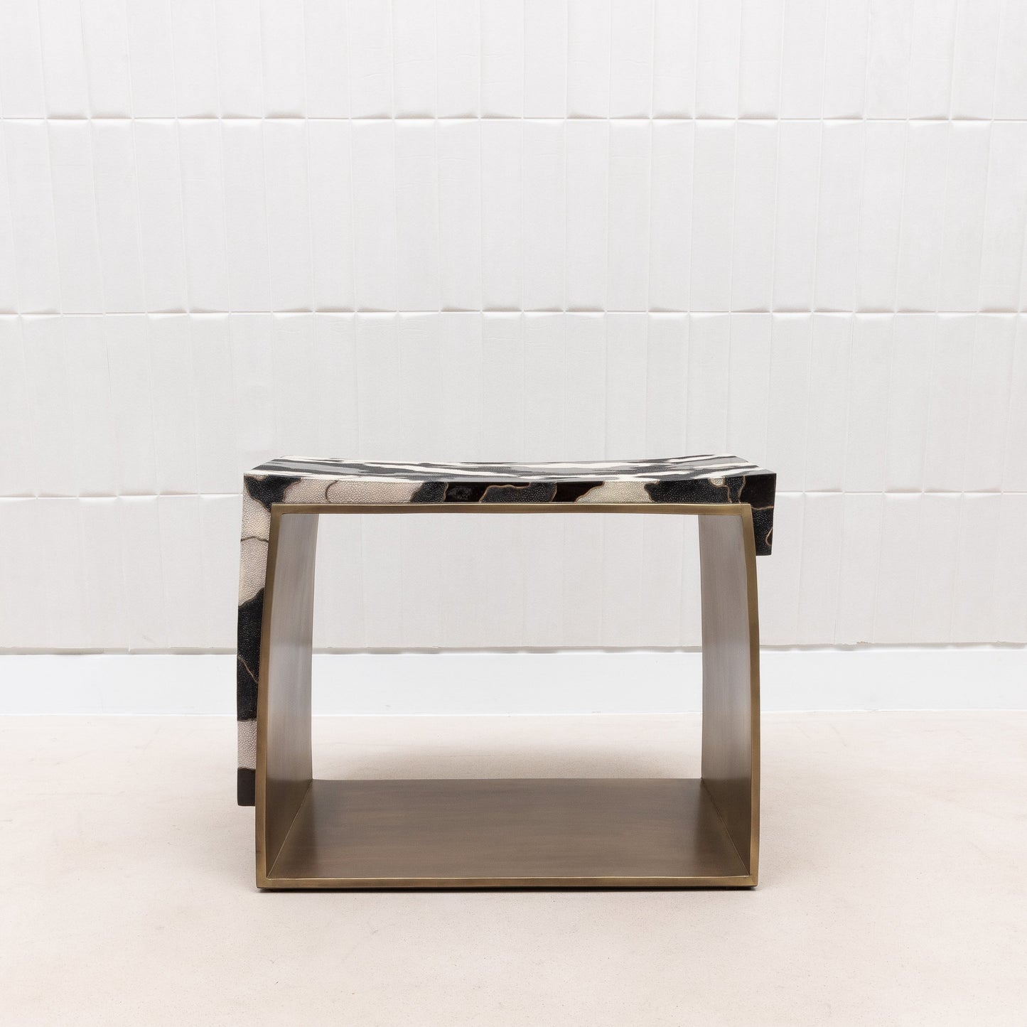 Camo Stool in Black/Cream Shagreen and Shell Pattern with Brass by R&Y Augousti