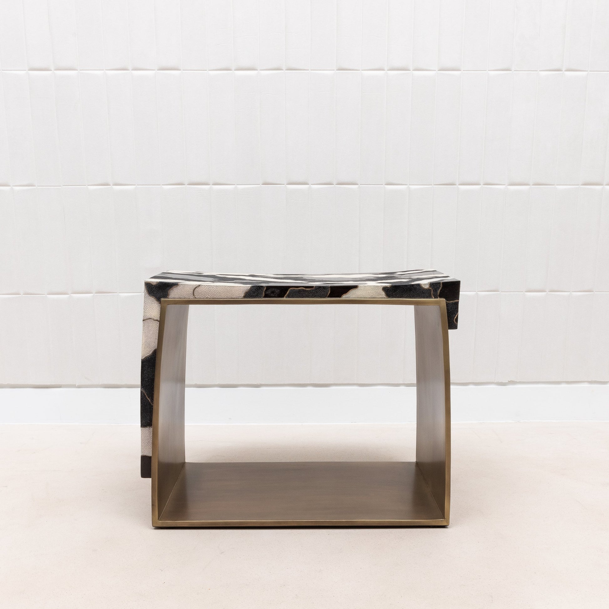 Camo Stool in Black/Cream Shagreen and Shell Pattern with Brass by R&Y Augousti
