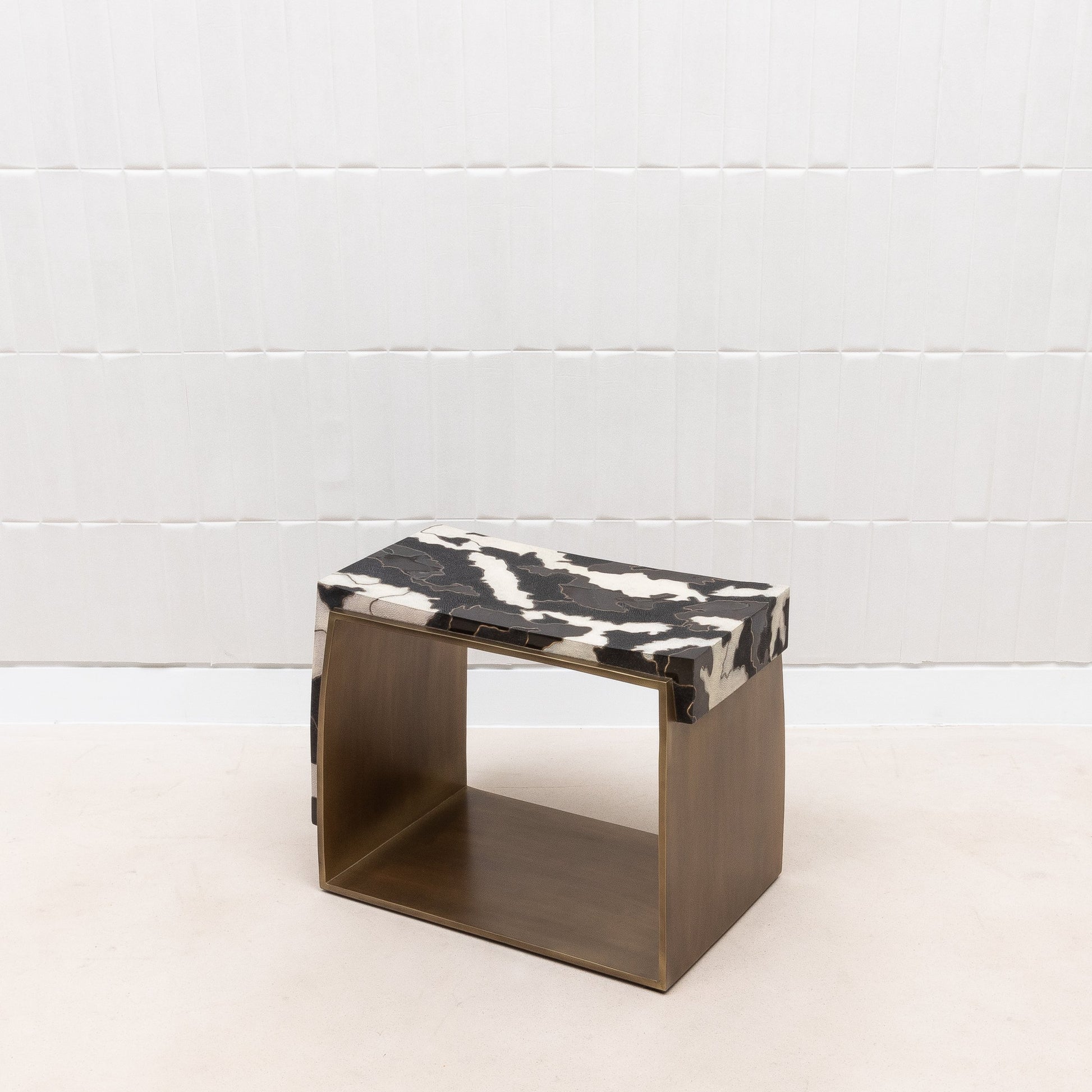 Camo Stool in Black/Cream Shagreen and Shell Pattern with Brass by R&Y Augousti