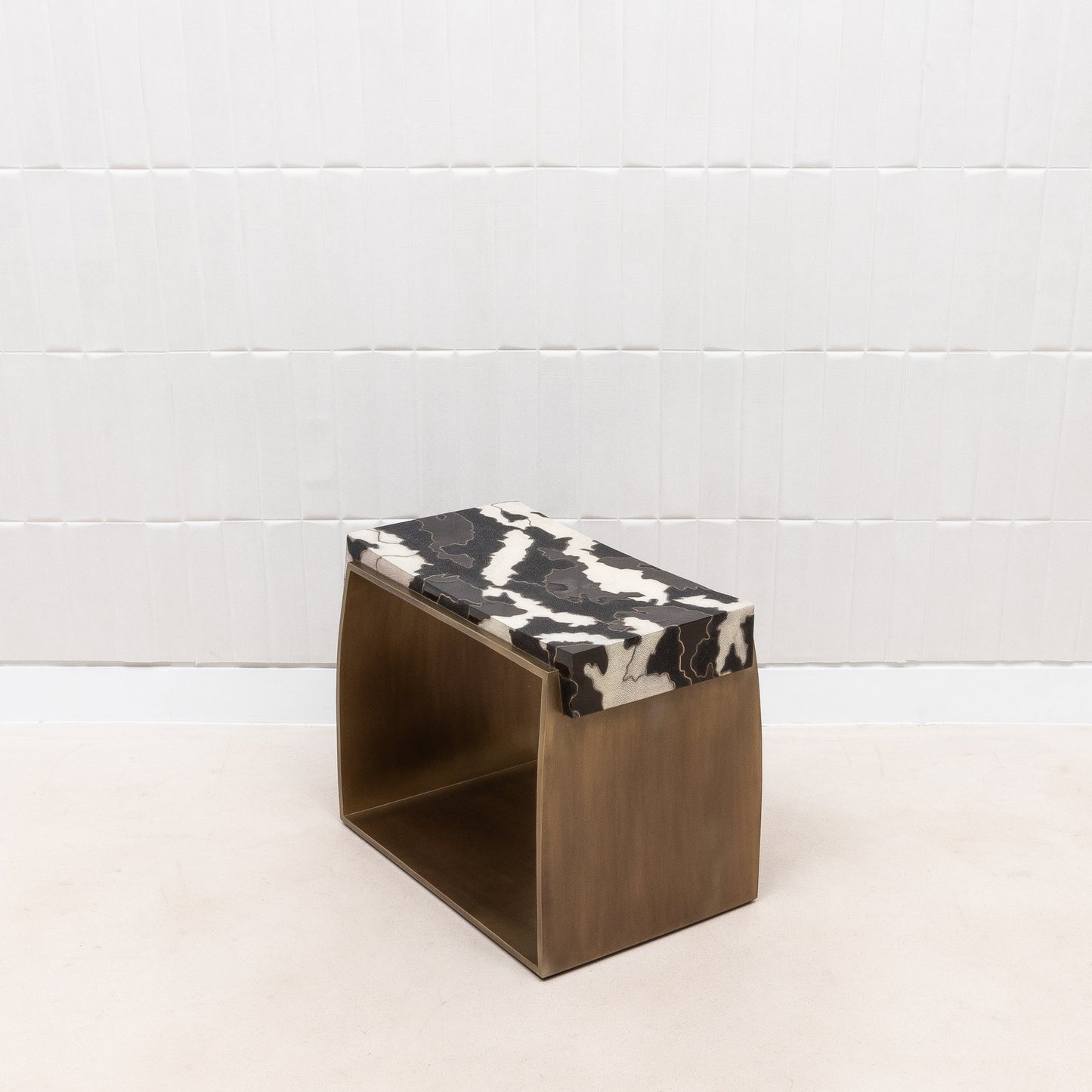 Camo Stool in Black/Cream Shagreen and Shell Pattern with Brass by R&Y Augousti
