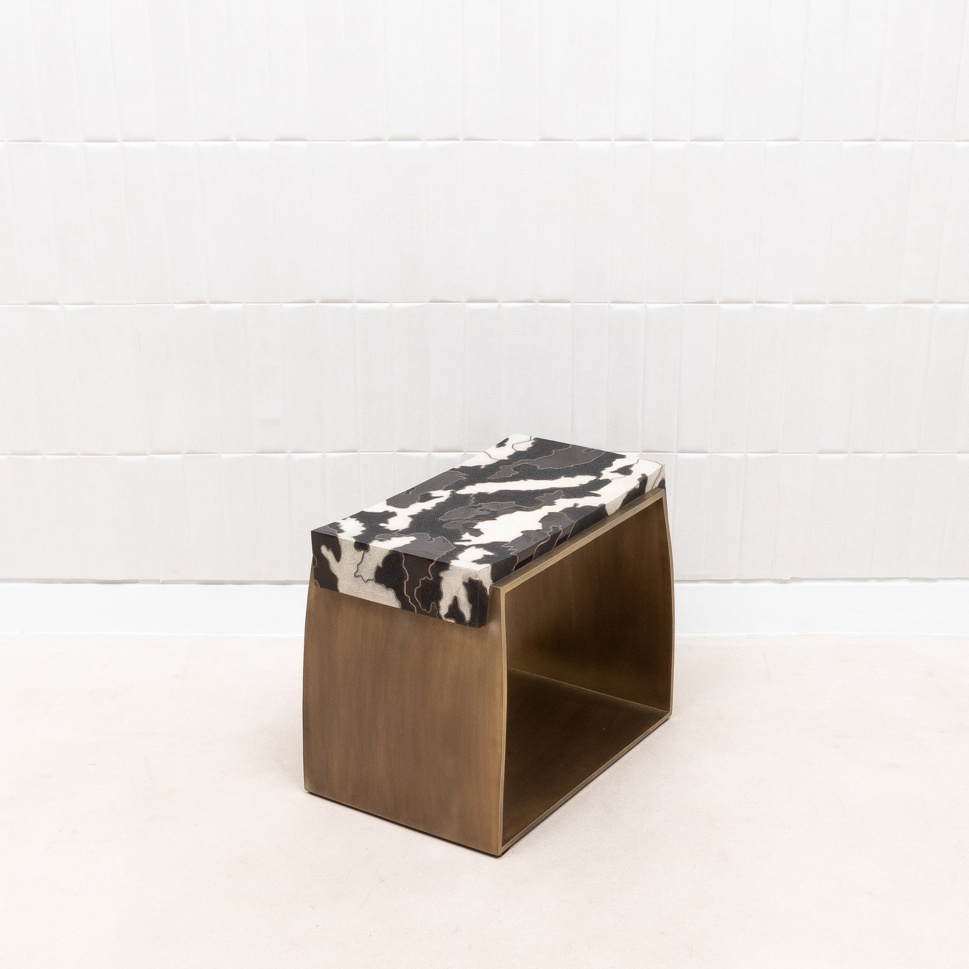 Camo Stool in Black/Cream Shagreen and Shell Pattern with Brass by R&Y Augousti
